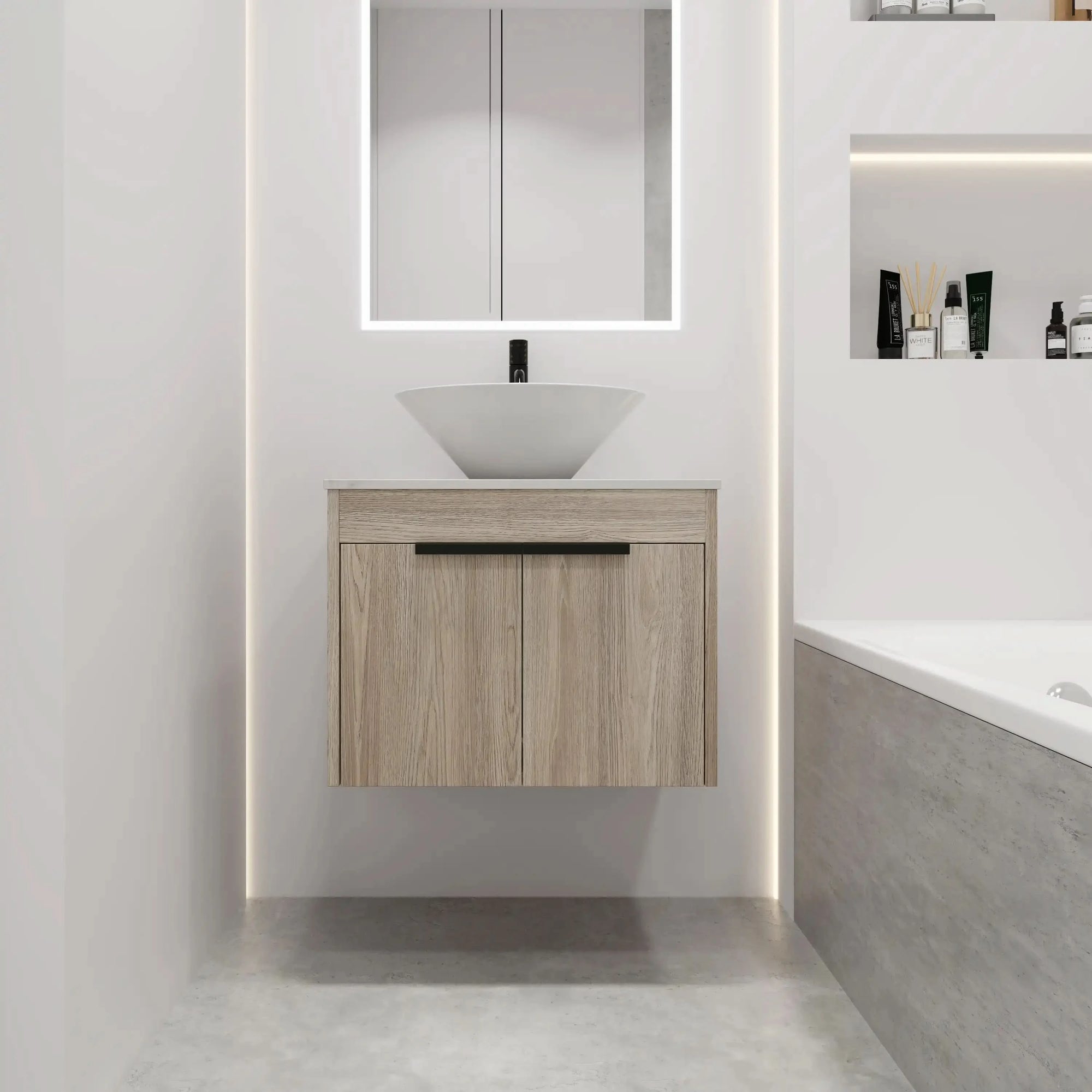 24&quot; Modern Floating Bathroom Vanity with Ceramic Sink - Wall-Mounted White Oak Cabinet with Soft Close Doors color: White Oak