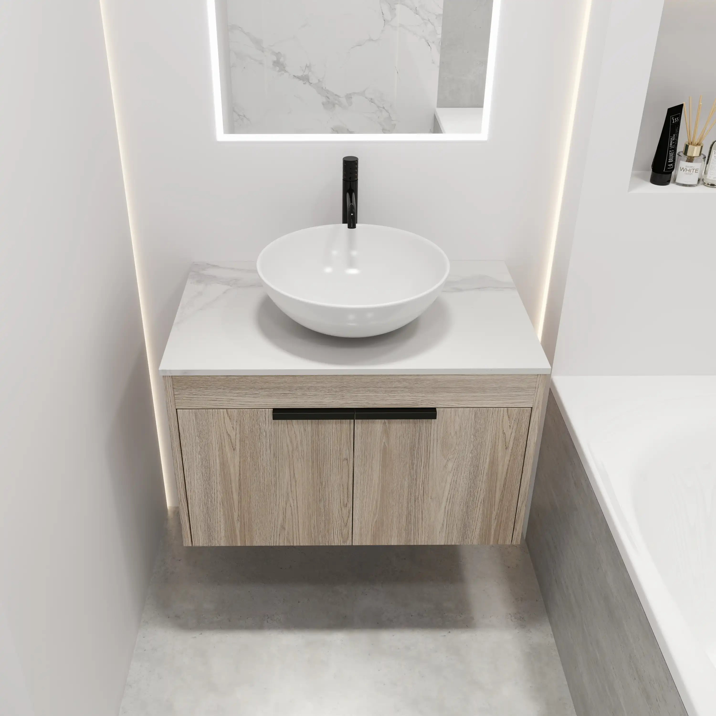 Front view of 30" single vessel sink vanity with round bowl sink and wood grain double doors.