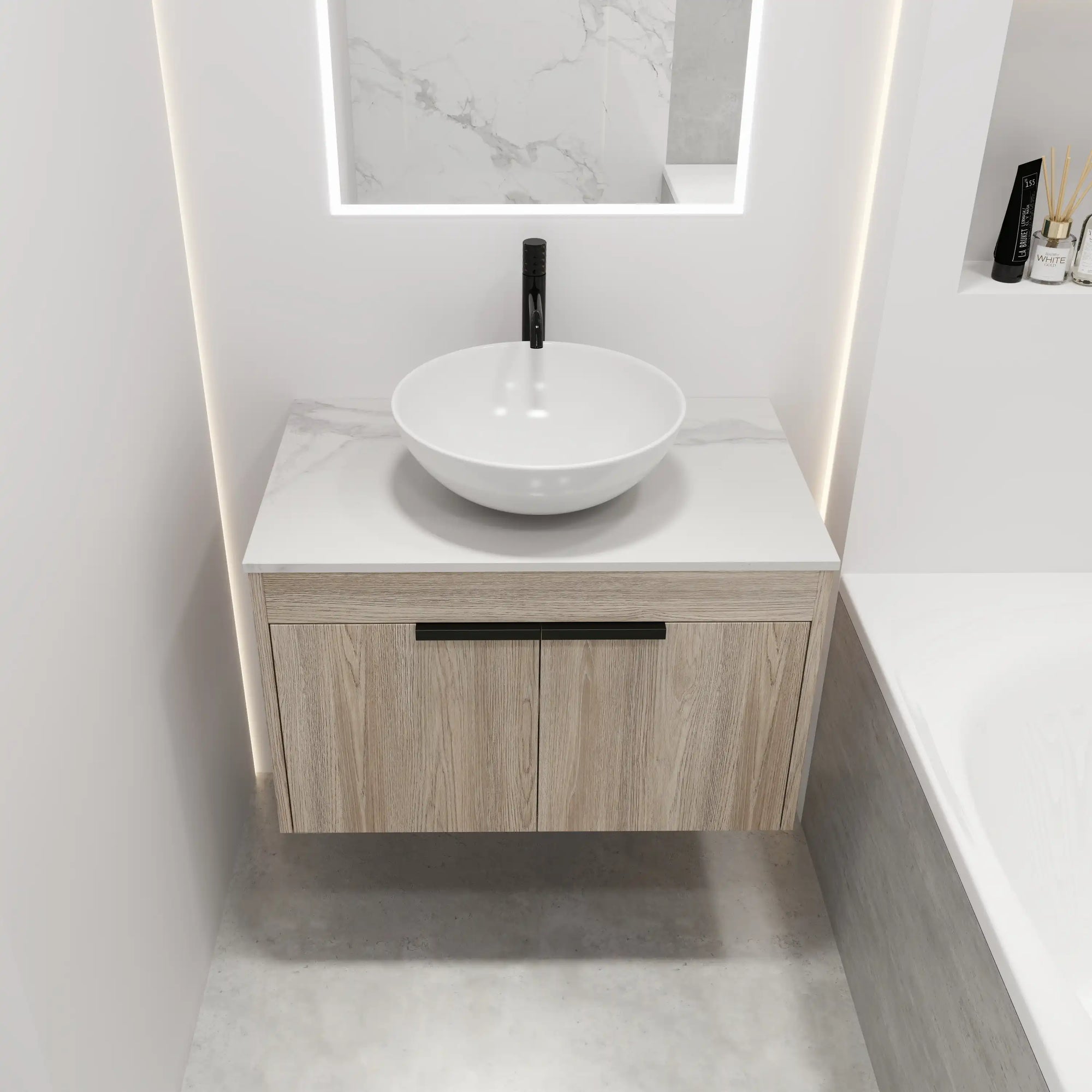 Front view of 30" single vessel sink vanity with round bowl sink and wood grain double doors | Ace Decor