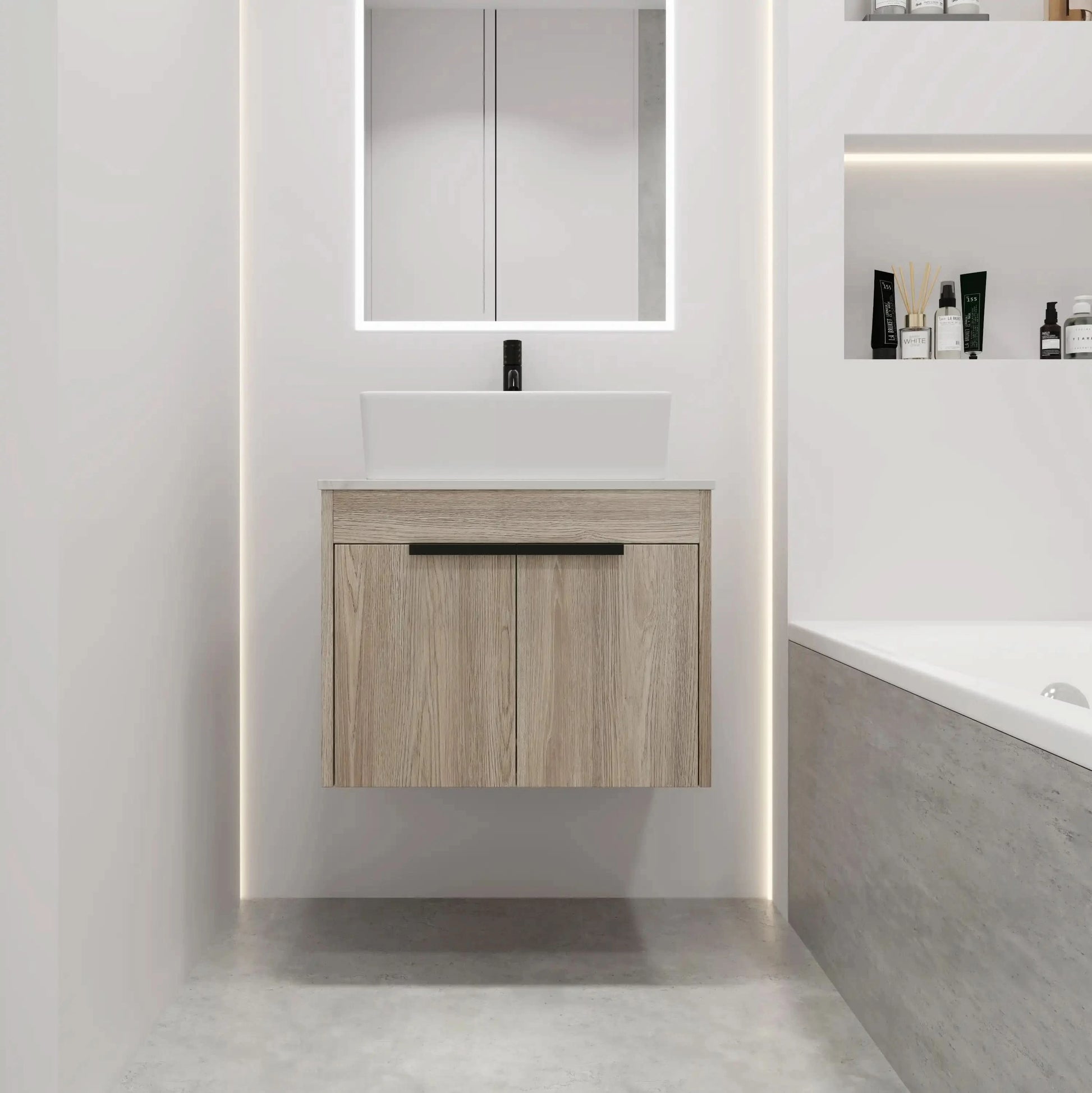 24" Modern Floating Bathroom Vanity with Ceramic Sink - Wall-Mounted White Oak Cabinet with Soft Close Doors color: White Oak