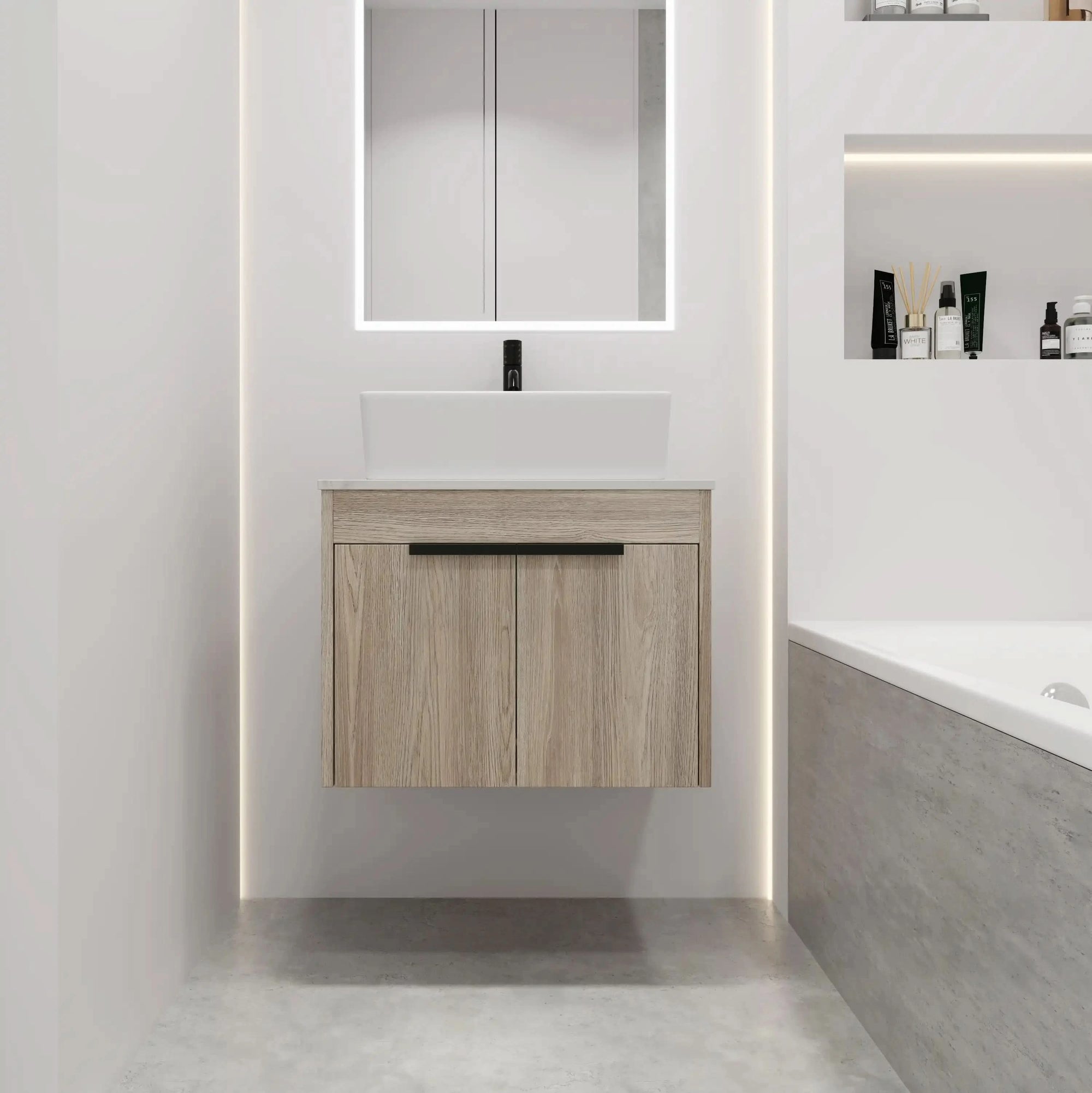 24&quot; Modern Floating Bathroom Vanity with Ceramic Sink - Wall-Mounted White Oak Cabinet with Soft Close Doors color: White Oak