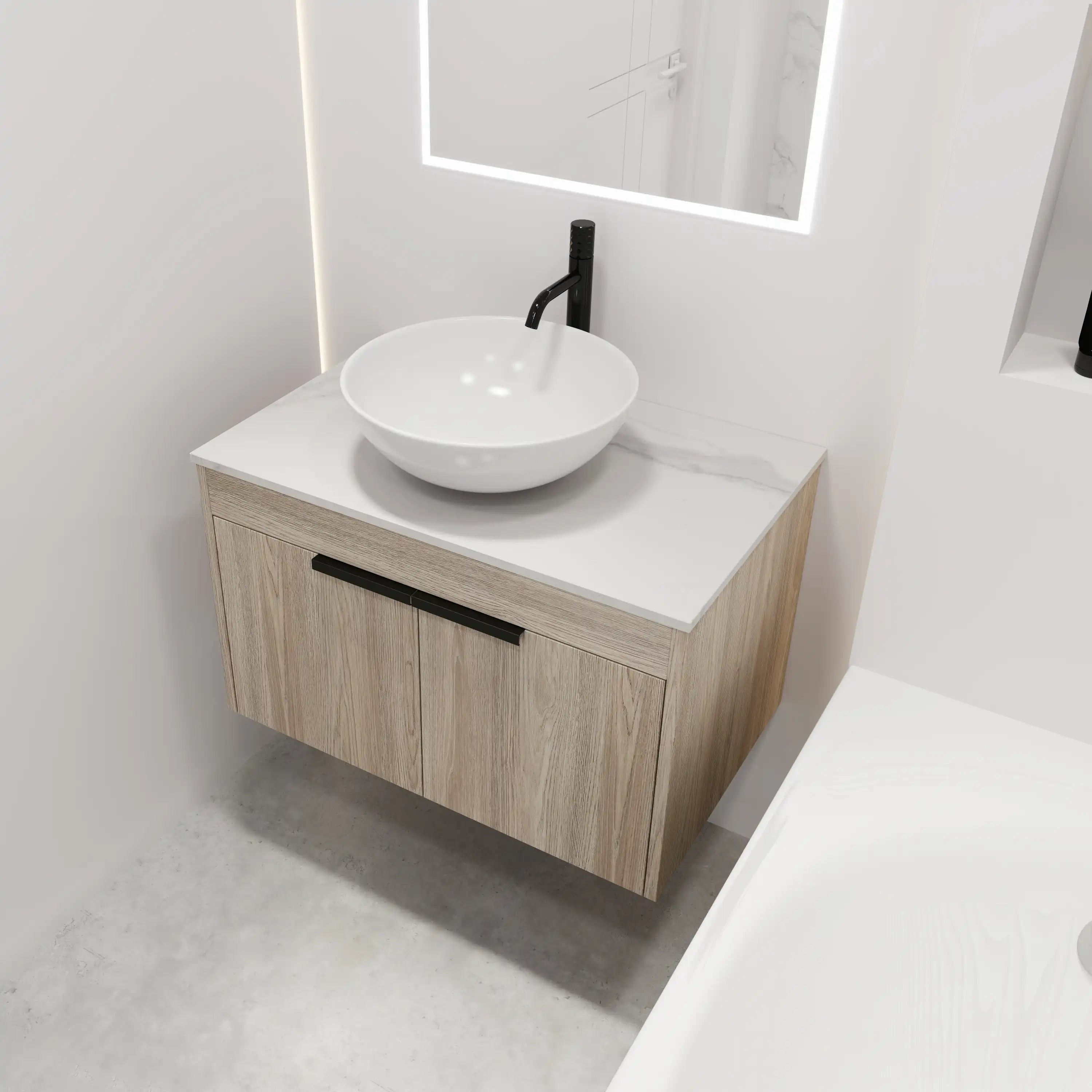 Modern bathroom setup with 30" single vessel sink vanity, floating oak cabinet and round ceramic basin.