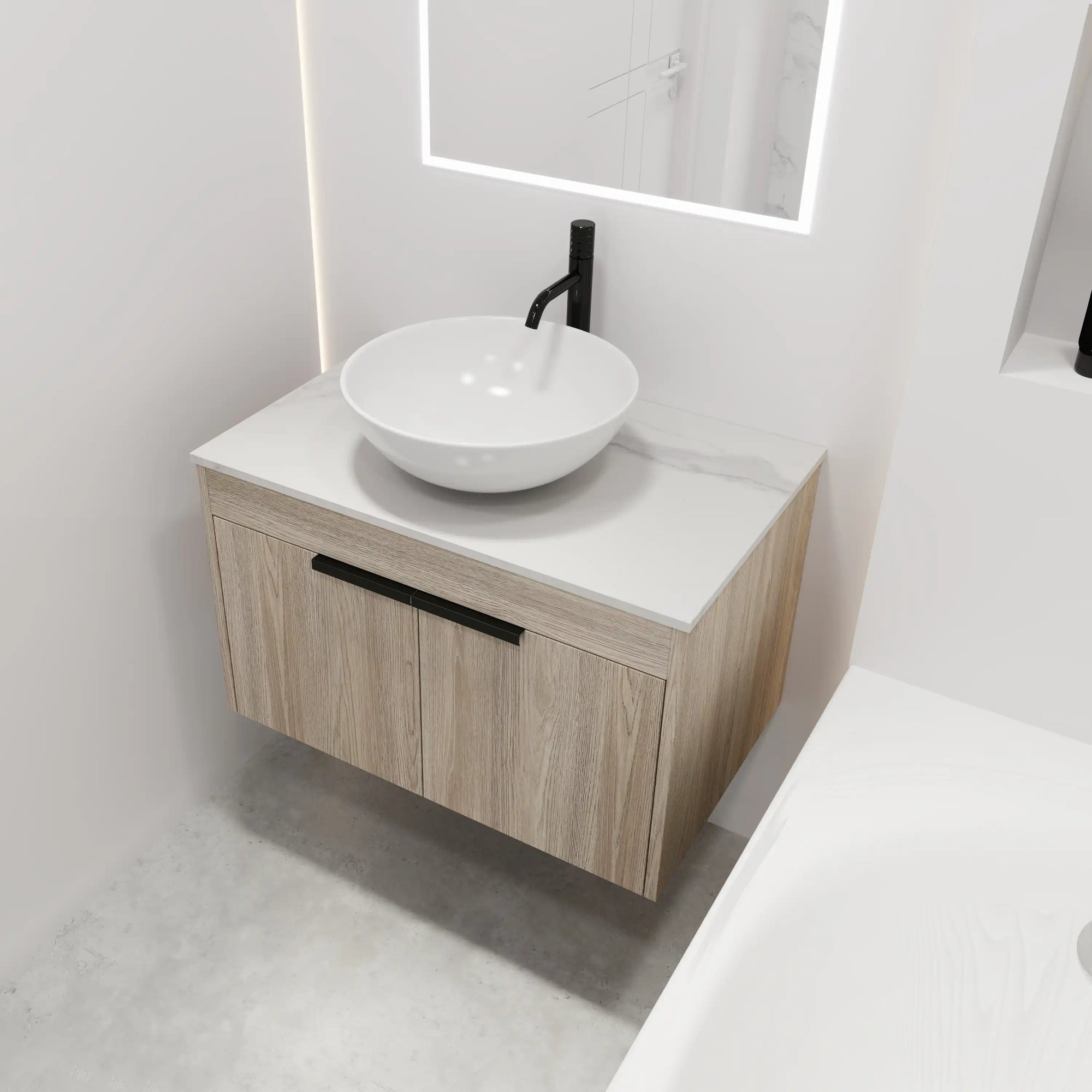 Modern bathroom setup with 30" single vessel sink vanity, floating oak cabinet and round ceramic basin | Ace Decor