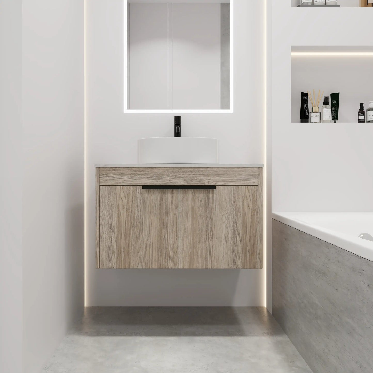 30" Modern Floating Bathroom Vanity with Ceramic Basin & Soft Close Door - White Oak Wall-Mounted Design color: White Oak