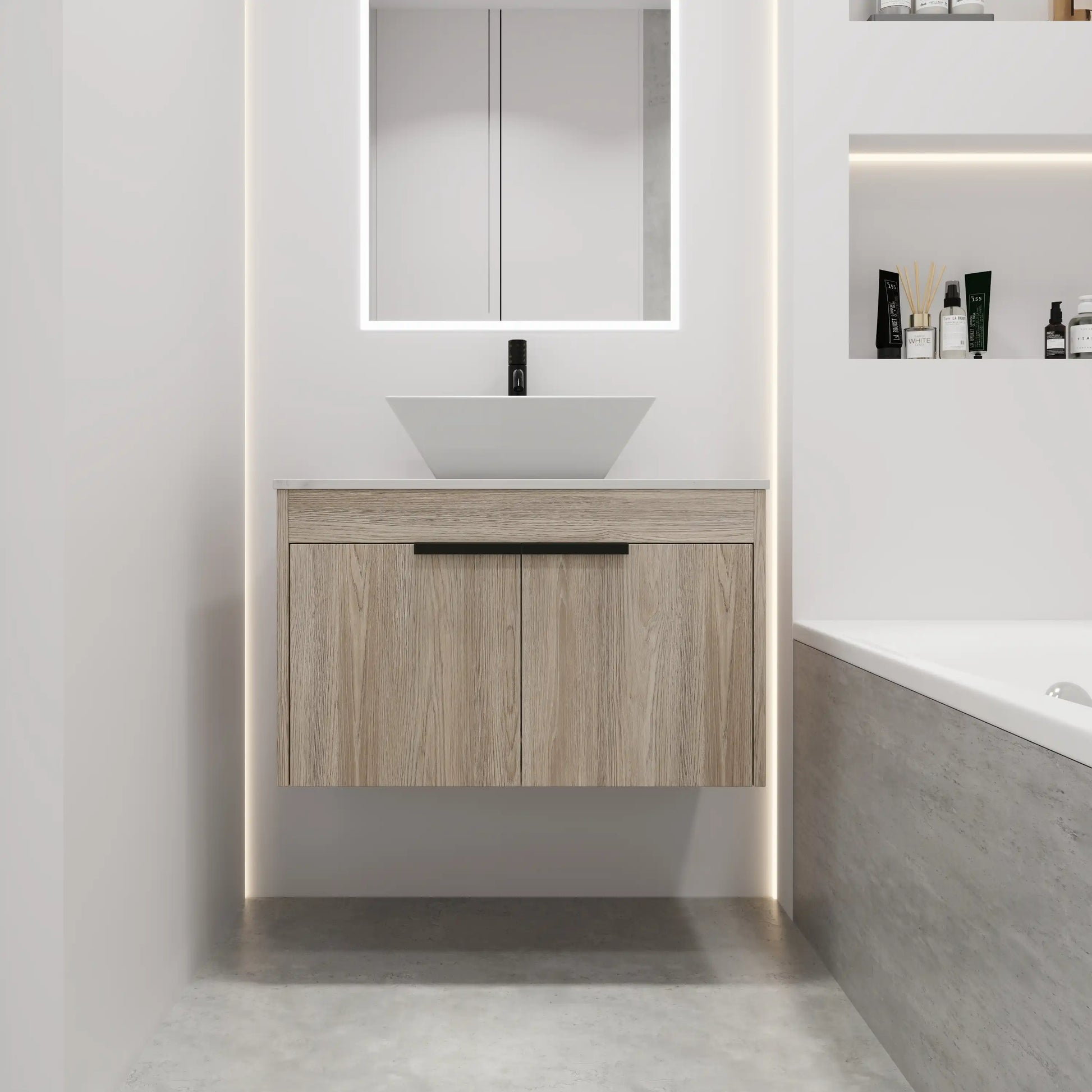 30" Modern Floating Bathroom Vanity with Ceramic Basin & Soft Close Door - White Oak Wall-Mounted Design color: White Oak