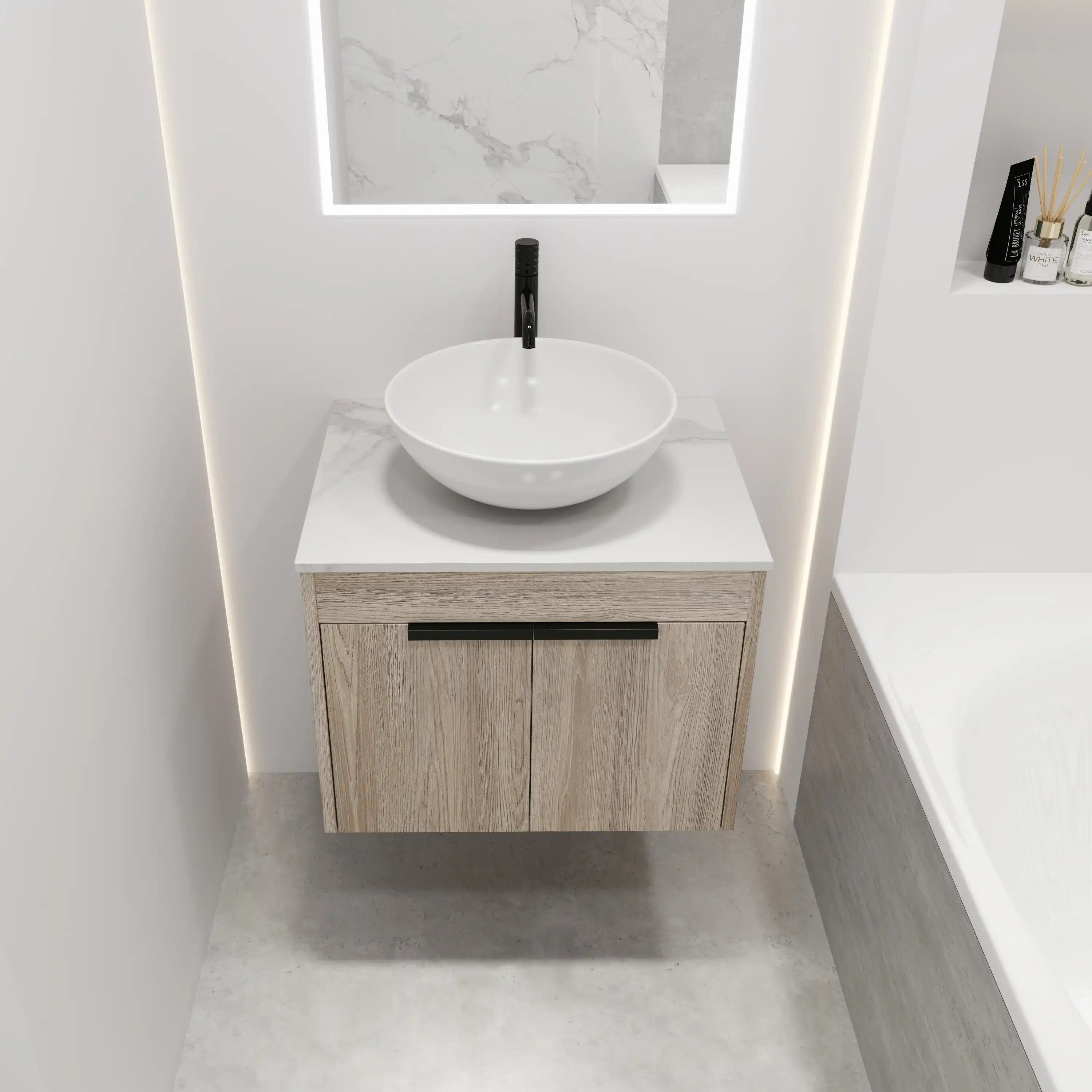 24" vessel sink vanity installed in modern bathroom setting.