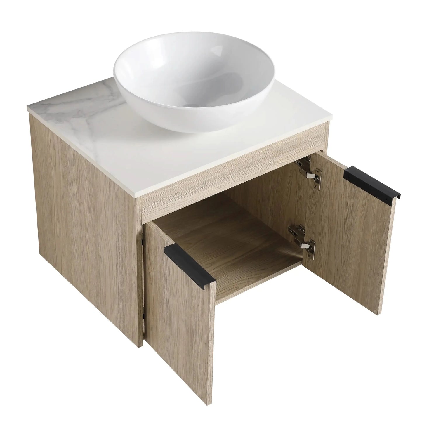 24" Modern Floating Bathroom Vanity with Ceramic Sink - Wall-Mounted White Oak Cabinet with Soft Close Doors color: White Oak