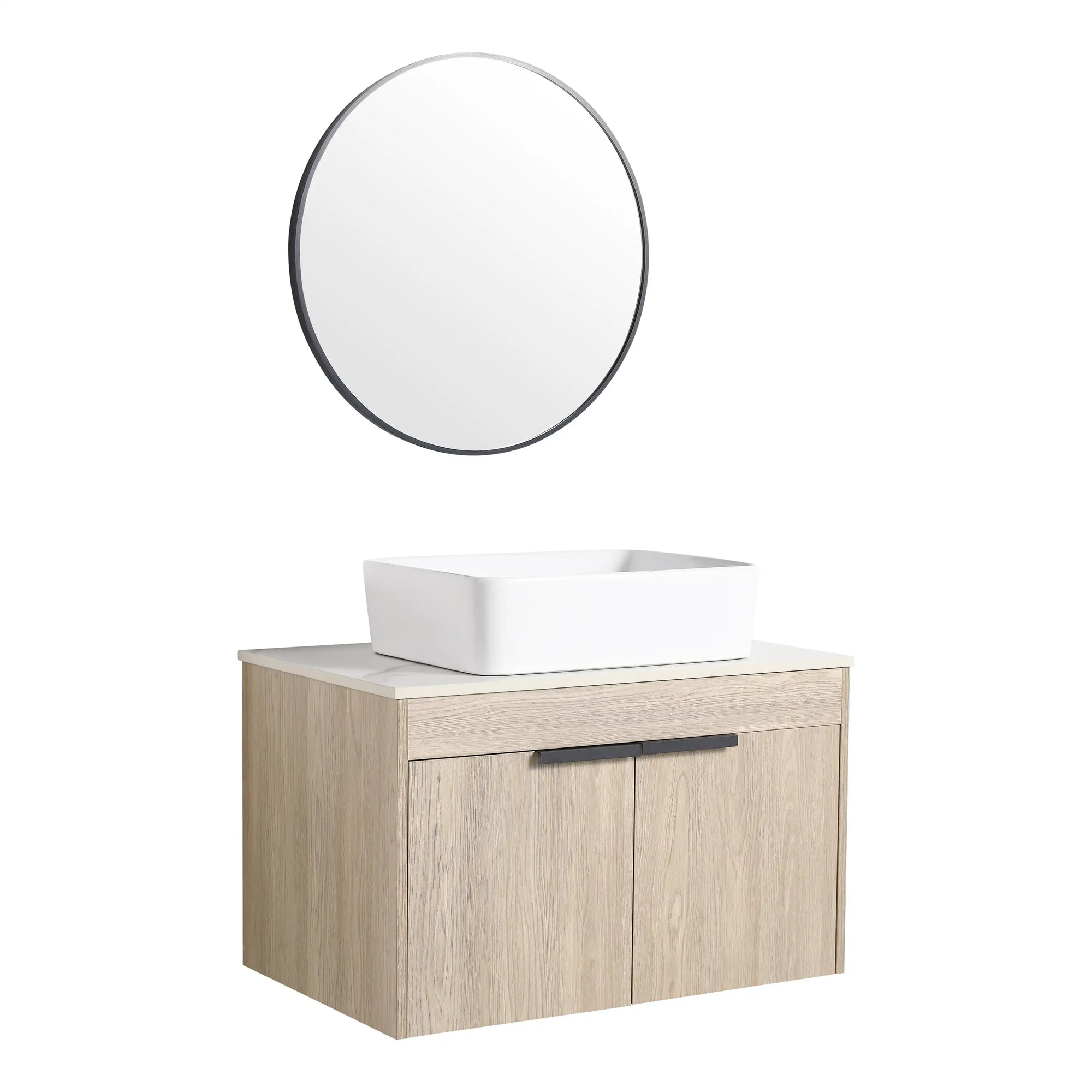 30" vessel sink vanity 30 inch with square edge ceramic basin and wall-mounted oak cabinet | Ace Decor