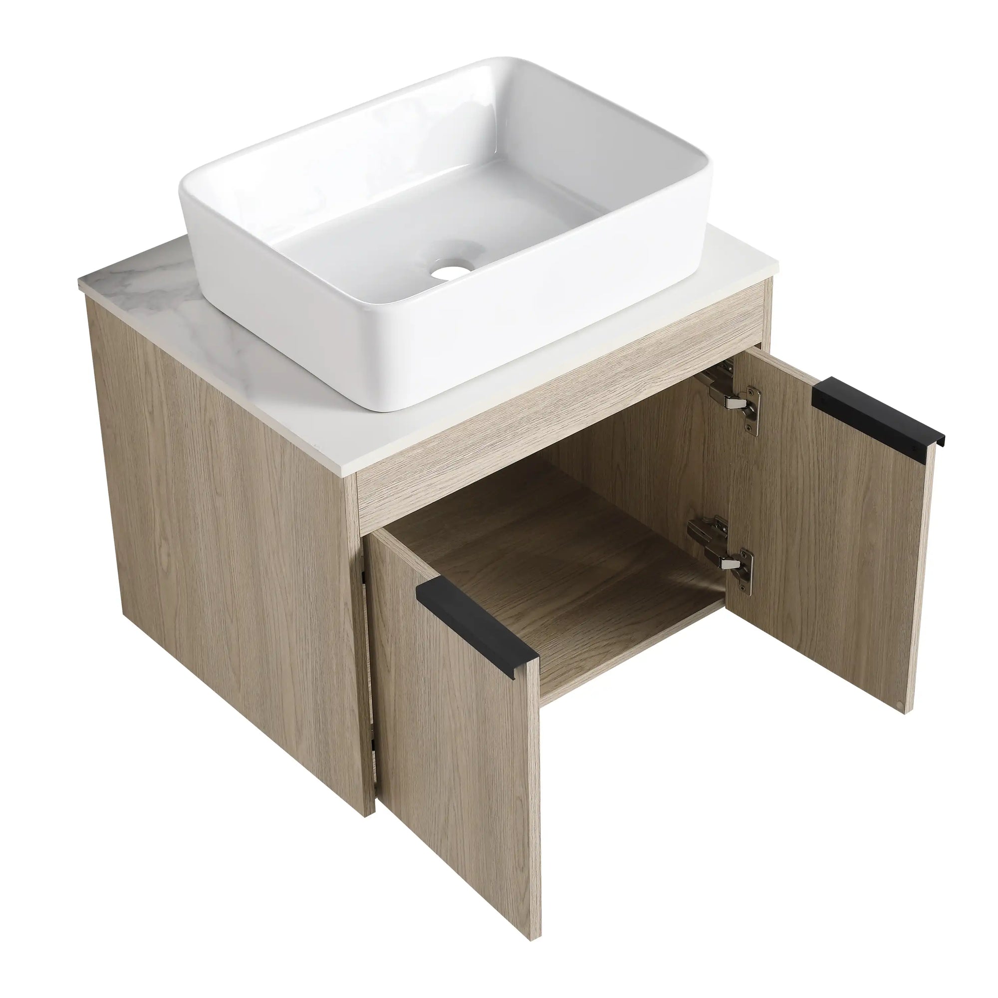 24" single vessel sink vanity with cabinet doors open showing interior storage | Ace Decor