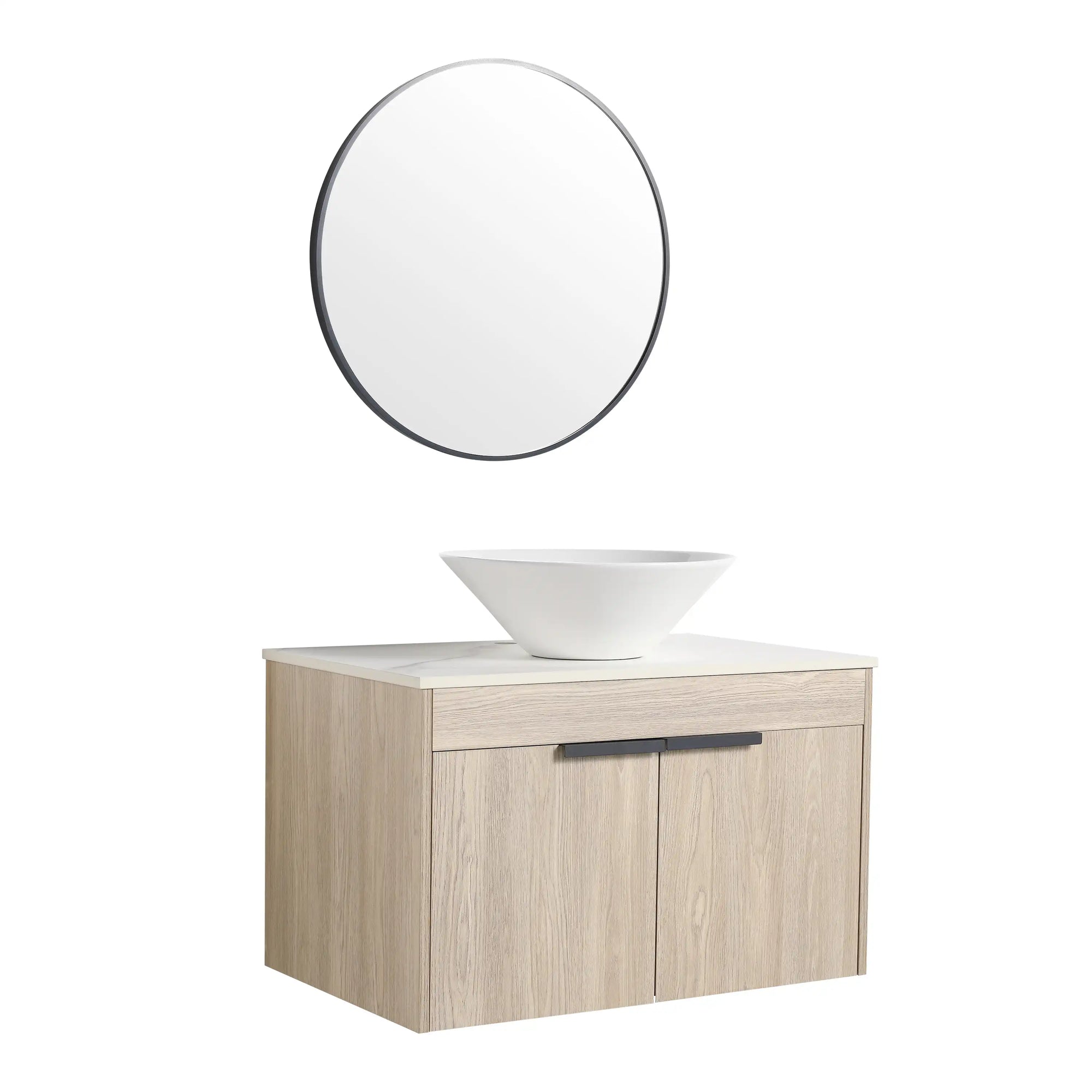 30 inch vessel sink vanity with slim tapered white vessel sink and wall-mounted oak cabinet, front view | Ace Decor
