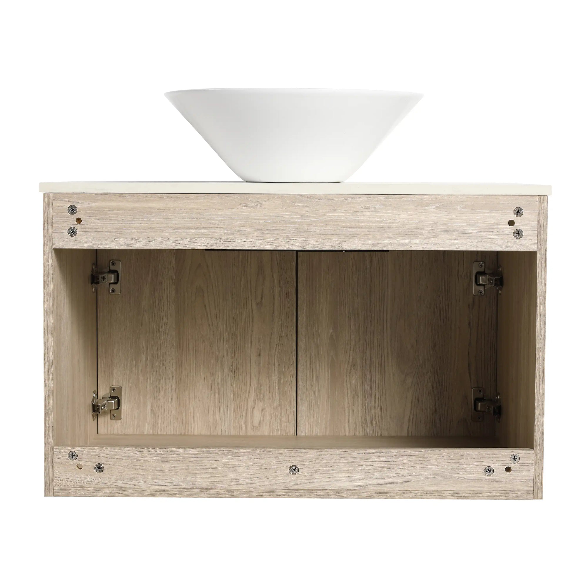 30 inch vessel sink vanity open cabinet view showing interior storage and wall-mount structure | Ace Decor