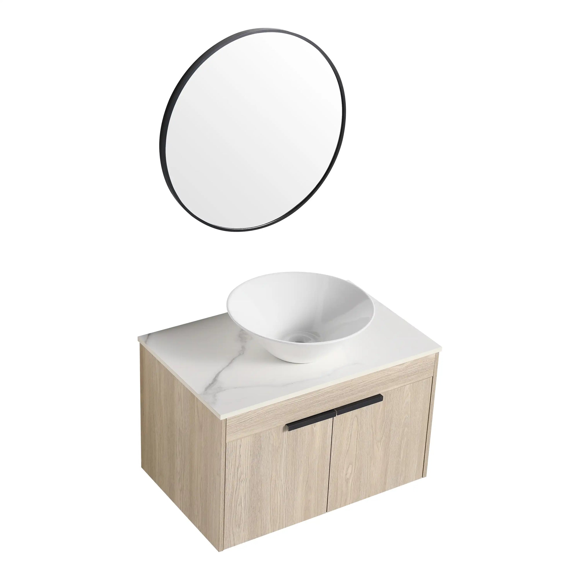 30 inch vessel sink vanity with round mirror, tapered white vessel sink and oak wall-mounted cabinet | Ace Decor