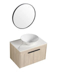 30 inch vessel sink vanity with round mirror, tapered white vessel sink and oak wall-mounted cabinet | Ace Decor