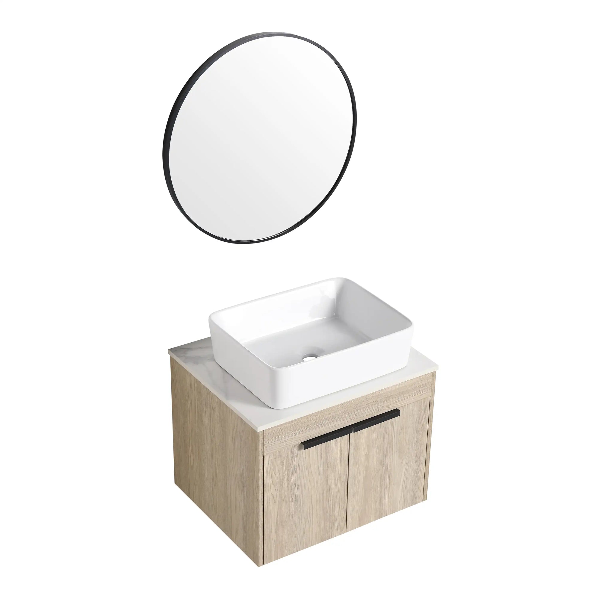 Full set of 24" single vessel sink vanity with round mirror and square vessel sink | Ace Decor