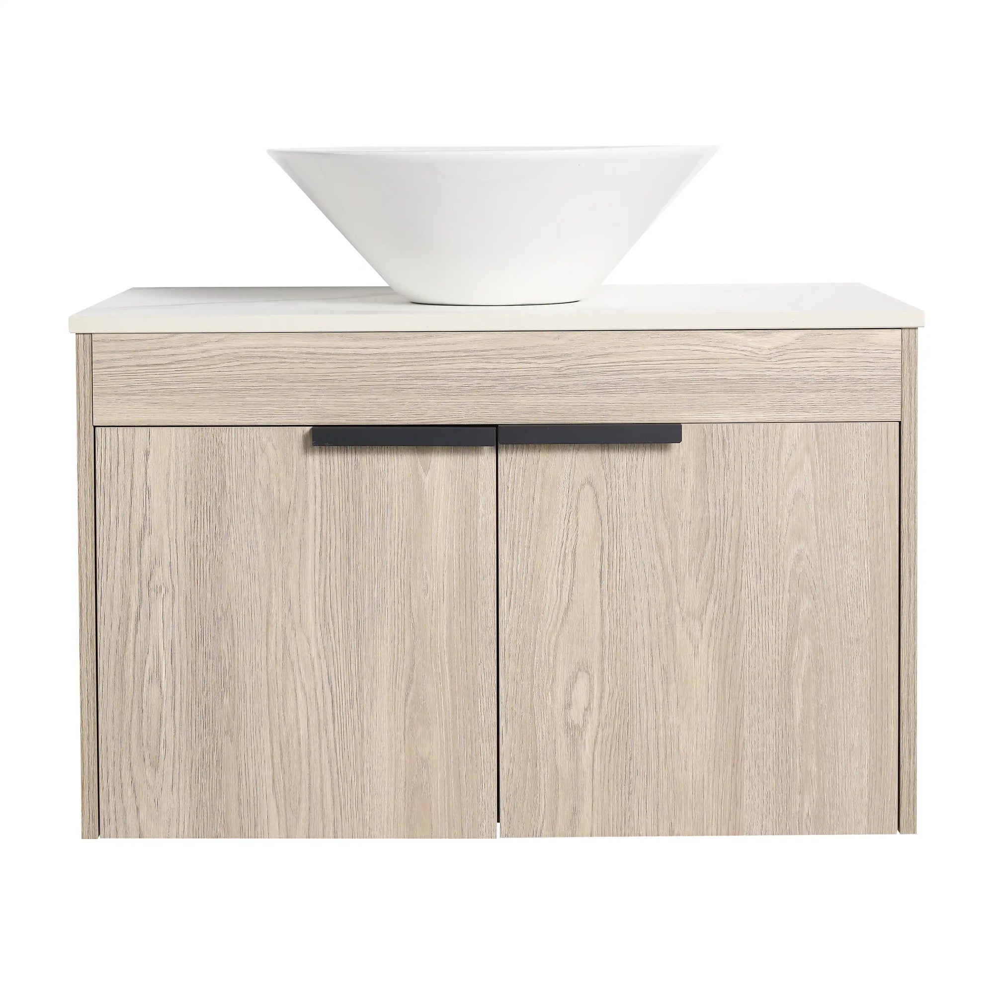 30 inch vessel sink vanity front view with slim tapered ceramic sink and wood-grain doors | Ace Decor