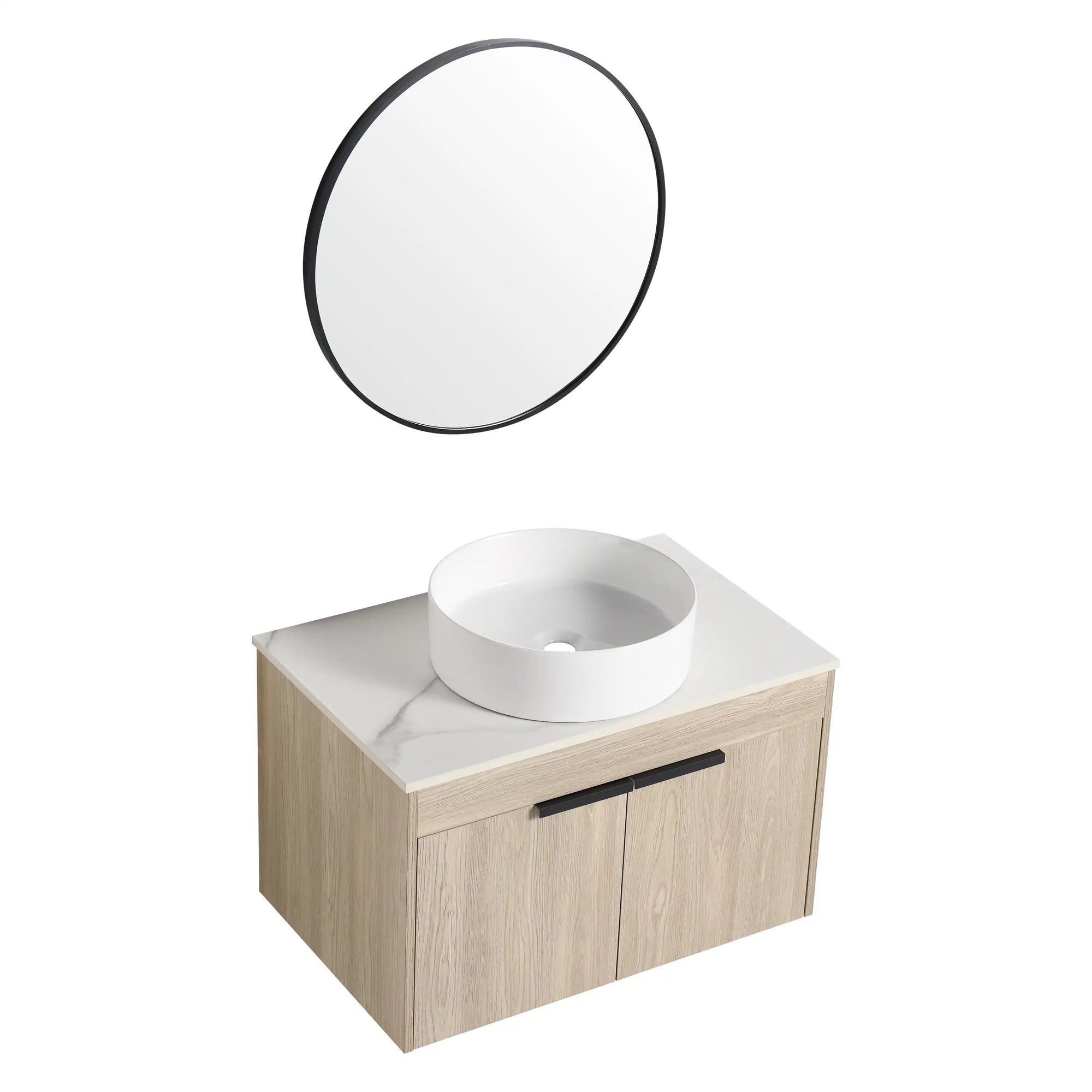 30" bathroom vanity with vessel sink 30 inch, cylindrical white basin with oak wall-mounted cabinet and round mirror | Ace Decor