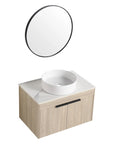 30" bathroom vanity with vessel sink 30 inch, cylindrical white basin with oak wall-mounted cabinet and round mirror | Ace Decor