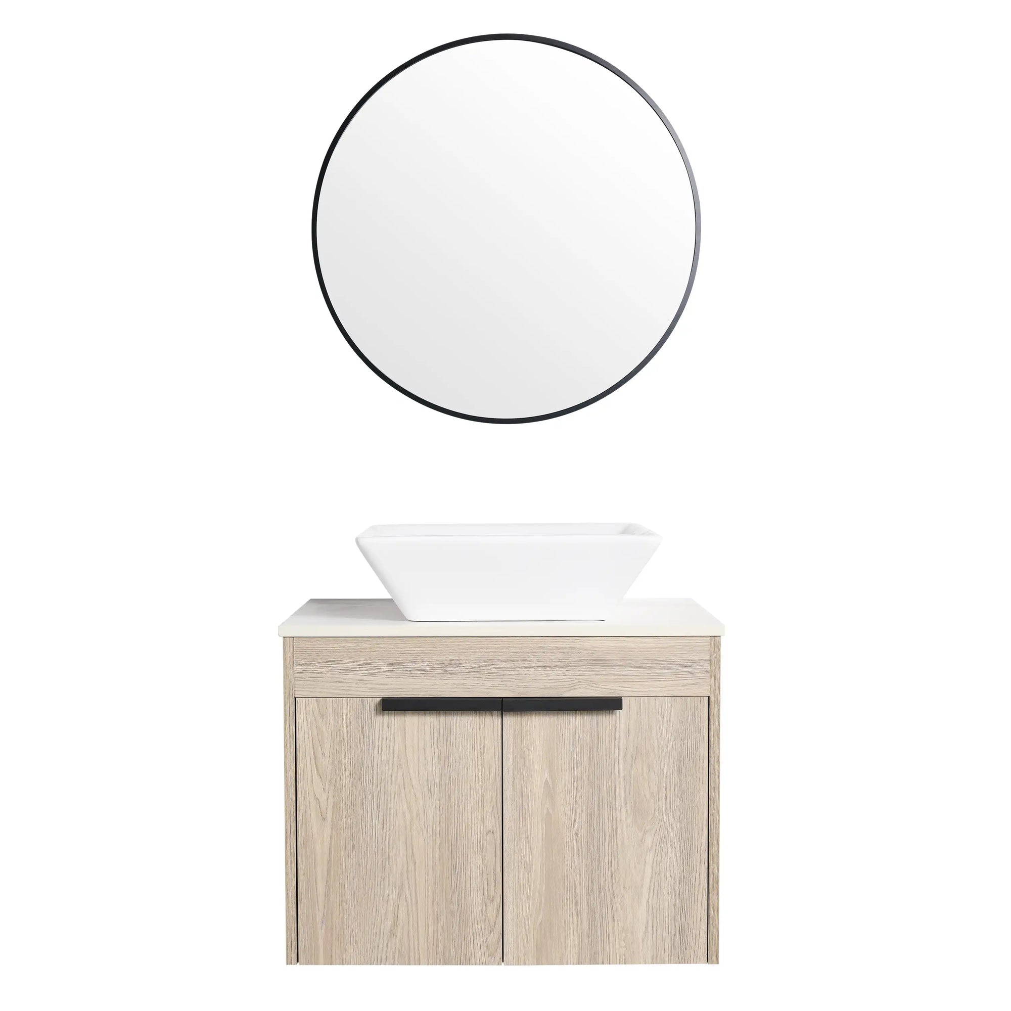 Front view of 24" small vessel sink vanity with round mirror and tapered basin | Ace Decor
