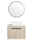 Front view of 24" small vessel sink vanity with round mirror and tapered basin | Ace Decor