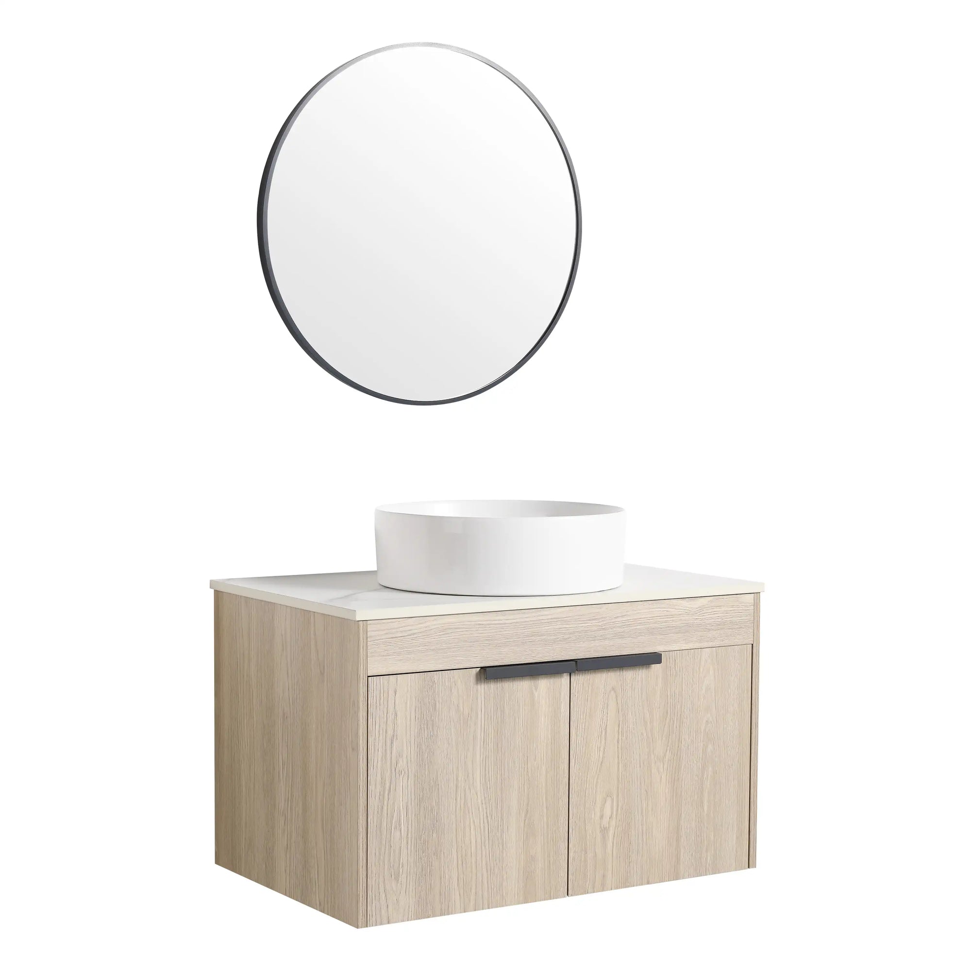 30" bathroom vanity with vessel sink 30 inch floating oak cabinet with round mirror | Ace Decor