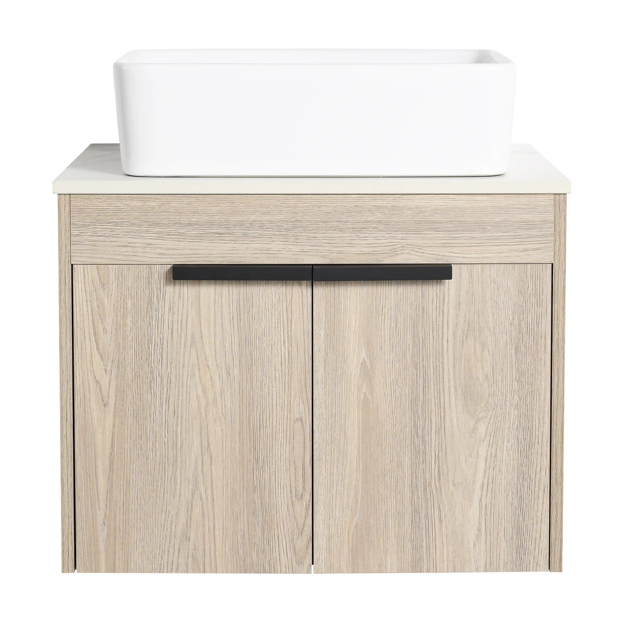 Close up front of 24" single vessel sink vanity with wood finish doors | Ace Decor