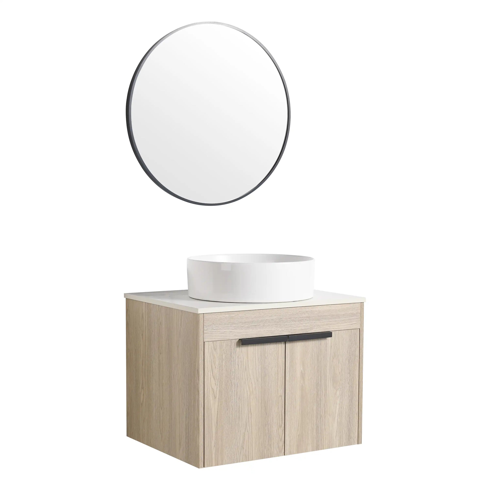 Front view of 24 inch bathroom vanity with vessel sink 24" cylindrical basin and floating wood cabinet | Ace Decor