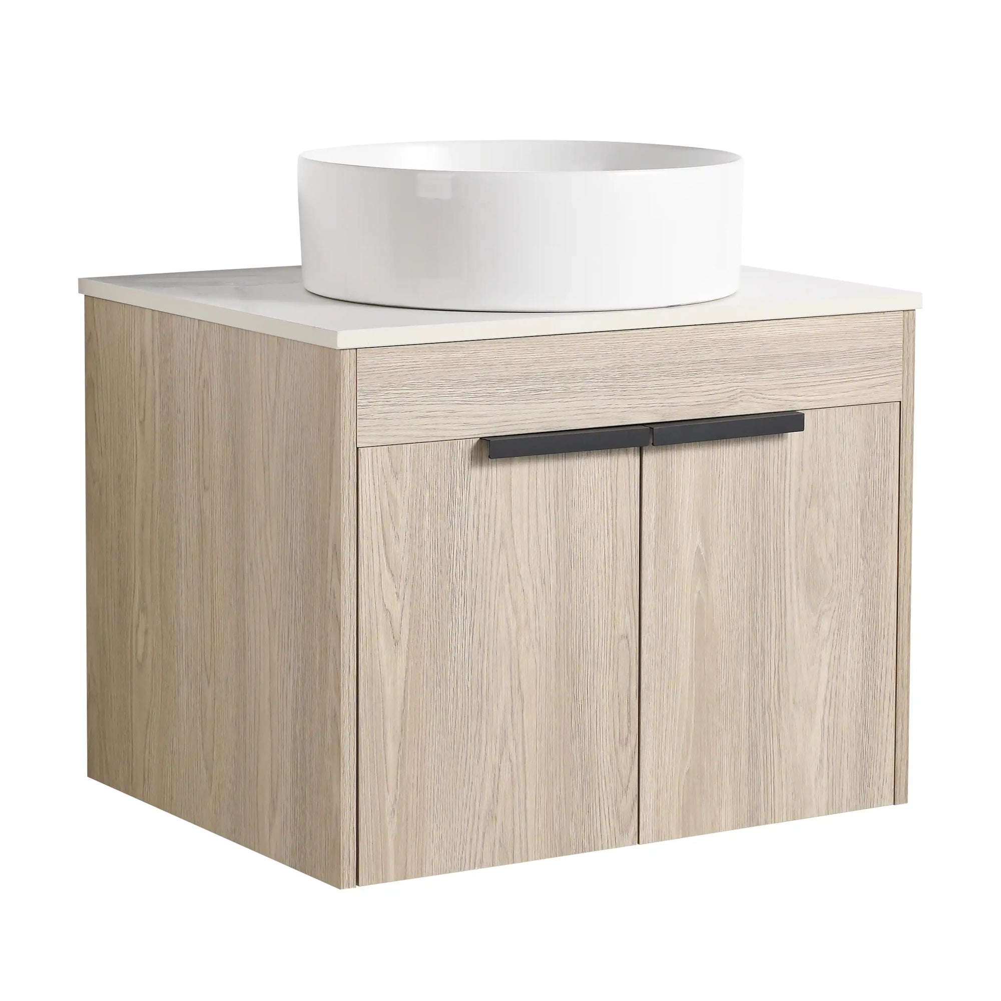 Angled front view of 24 inch bathroom vanity with vessel sink 24" modern white oak finish | Ace Decor
