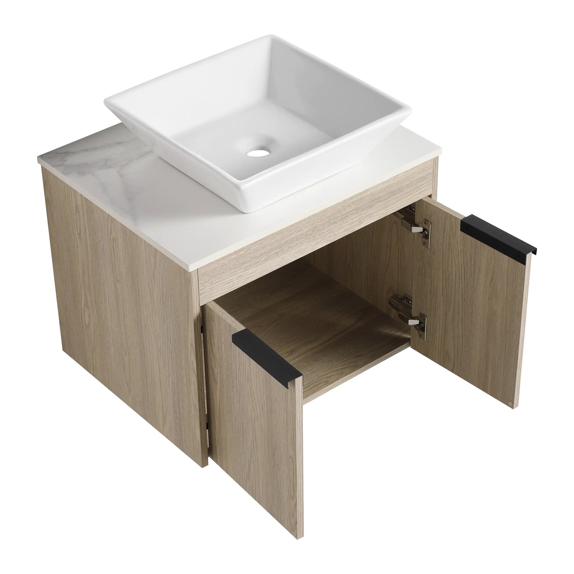 24" small vessel sink vanity with open storage doors and interior shelf | Ace Decor