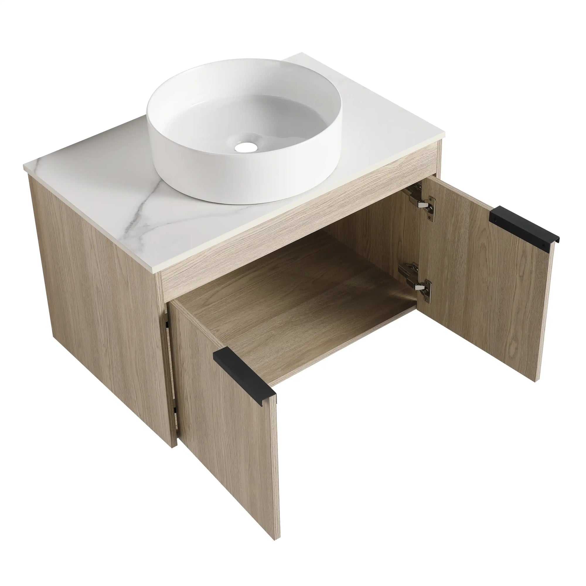 30" bathroom vanity with vessel sink 30 inch with open double-door storage and cylindrical ceramic basin | Ace Decor