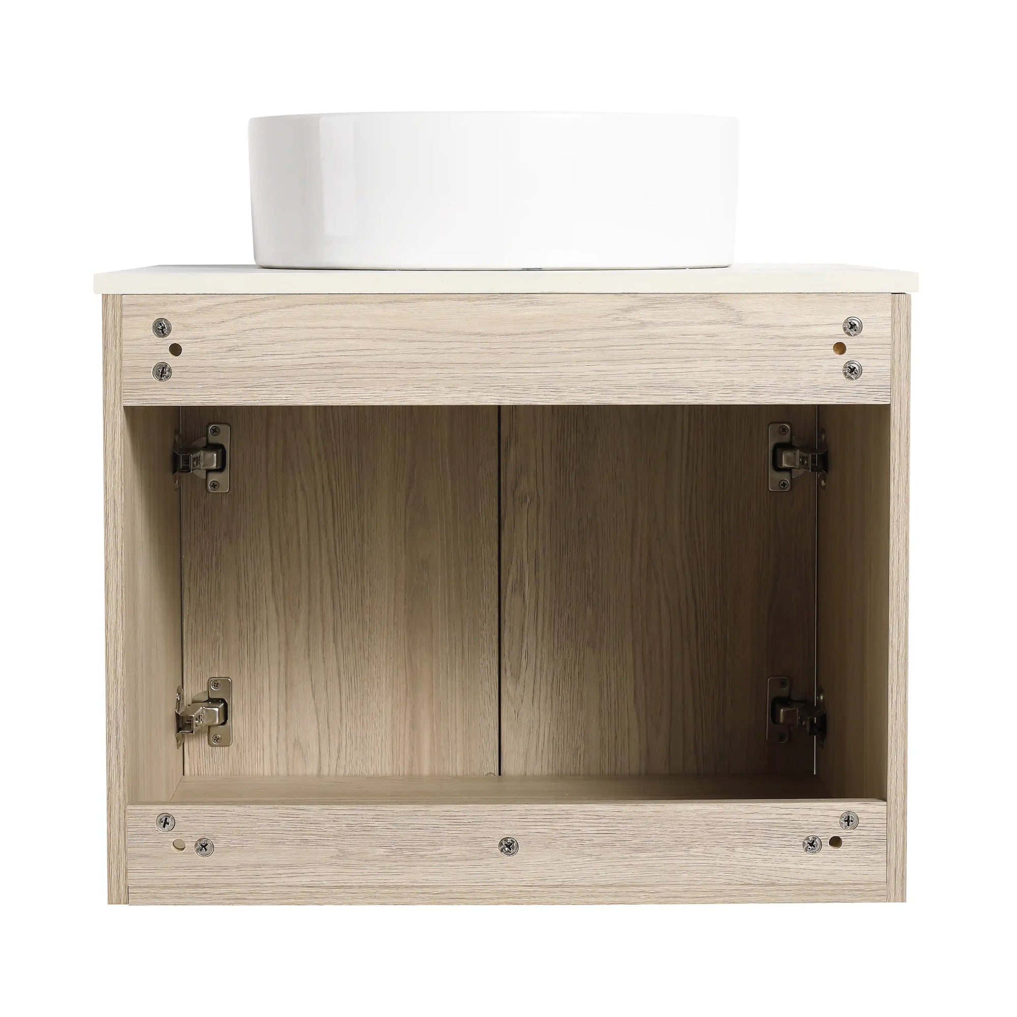 Interior cabinet detail of 24 inch bathroom vanity with vessel sink 24" showing concealed hinges and storage space | Ace Decor
