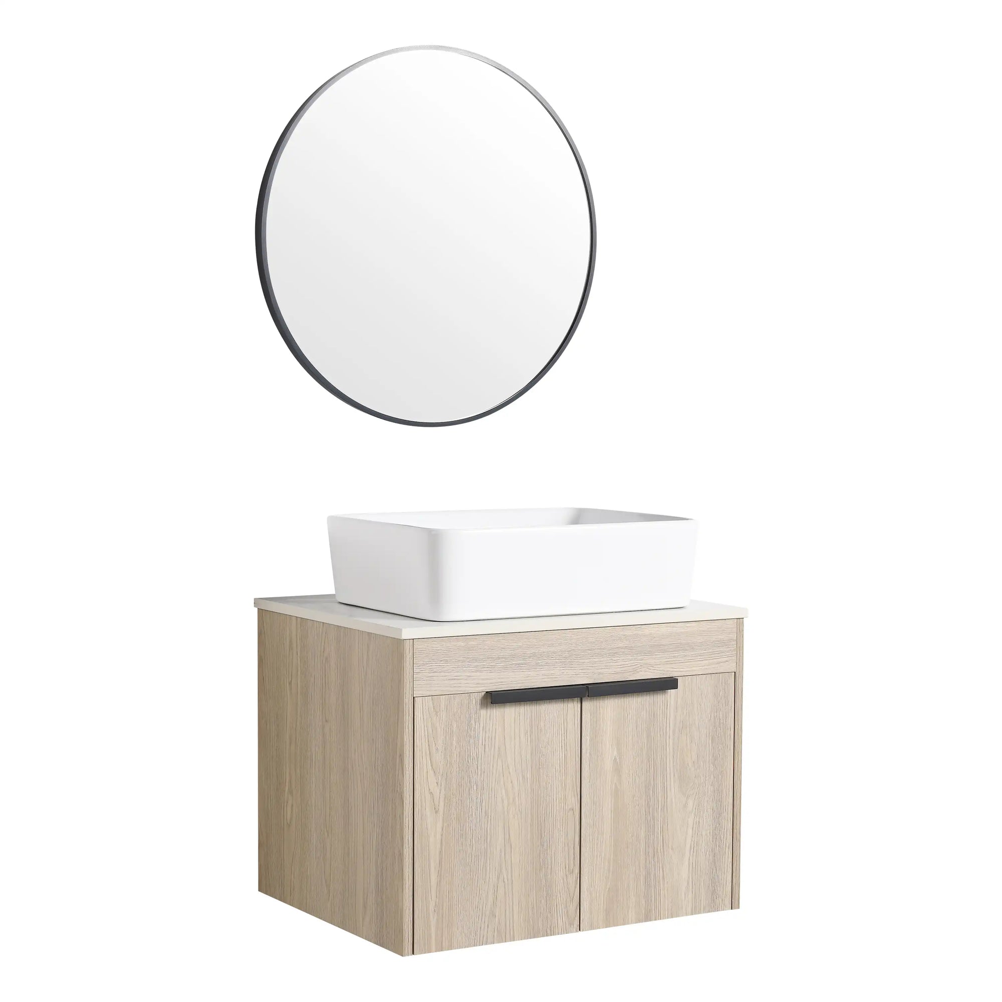24" single vessel sink vanity with round mirror and oak cabinet | Ace Decor