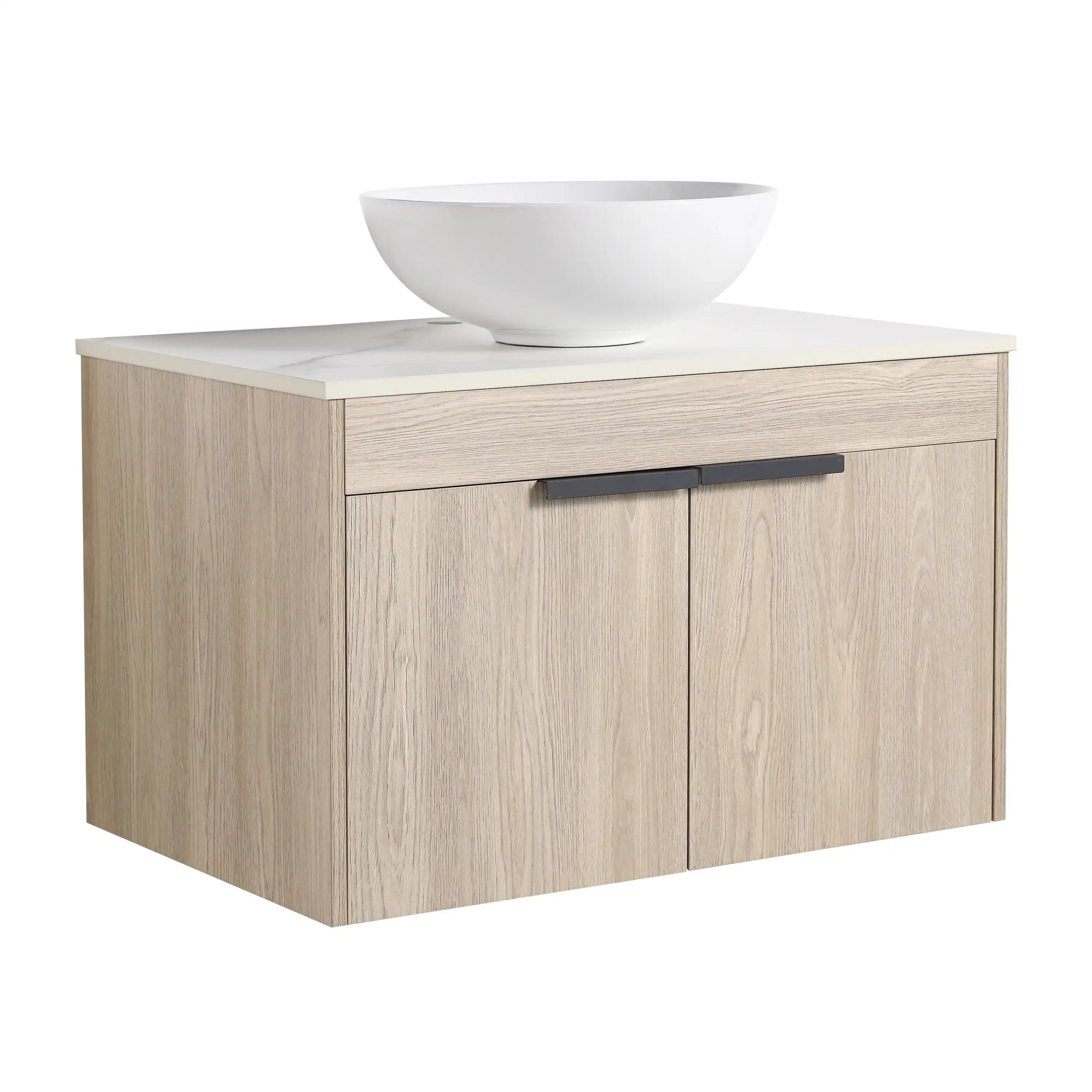 30" wall-mounted single vessel sink vanity with round white bowl and oak finish cabinet | Ace Decor