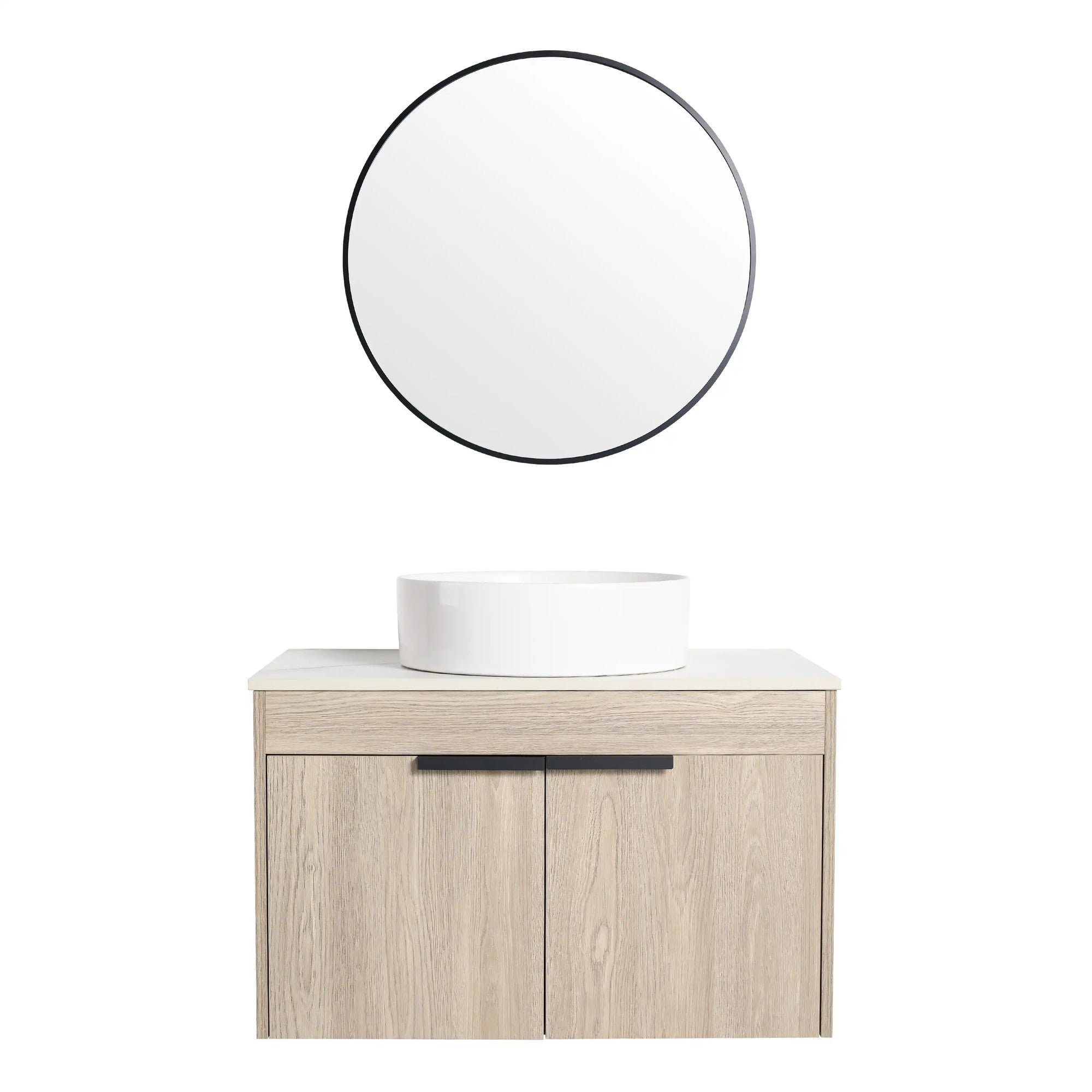 30" bathroom vanity with vessel sink 30 inch front view with round mirror and cylindrical white basin | Ace Decor