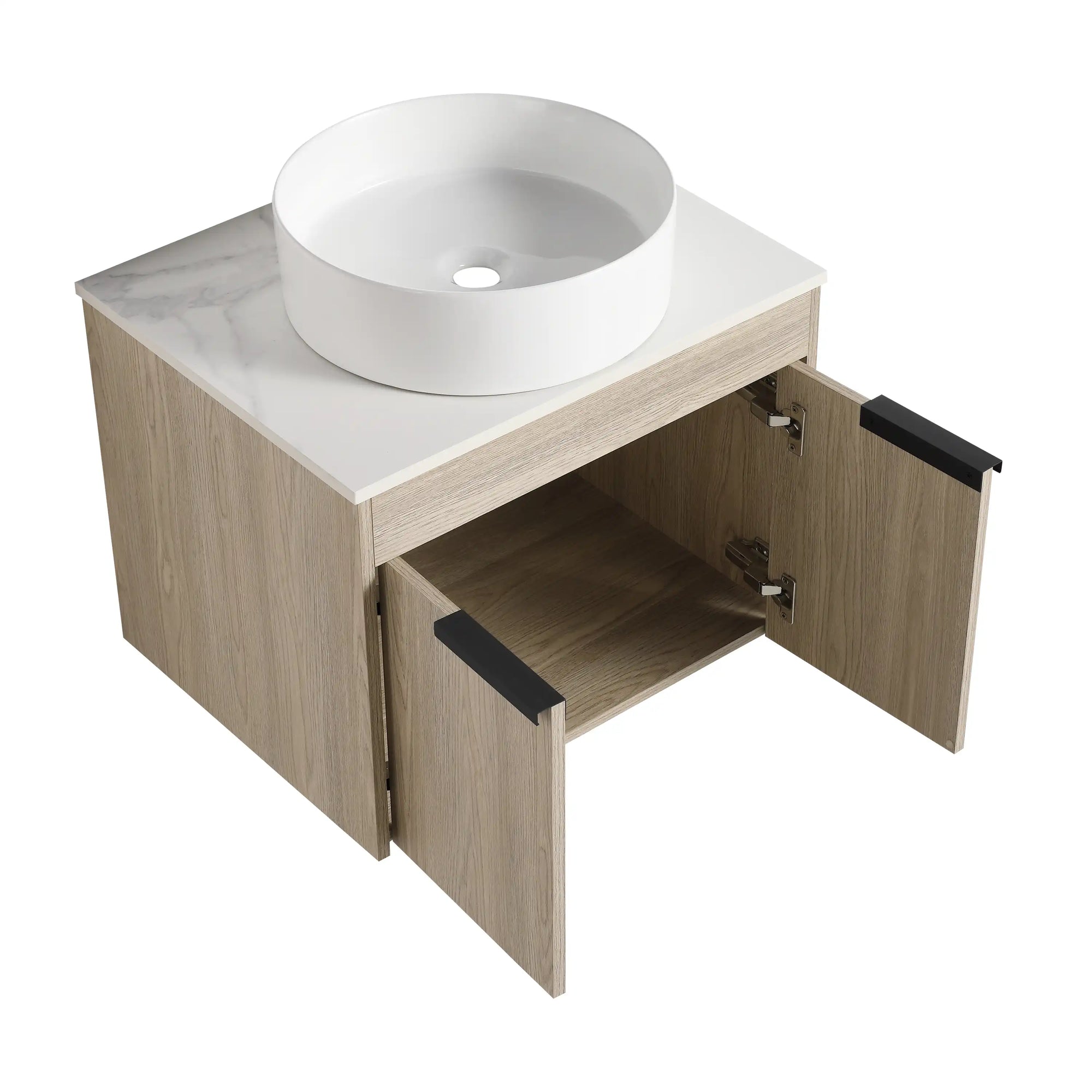 Open storage view of 24 inch bathroom vanity with vessel sink 24" white oak cabinet and soft-close doors | Ace Decor