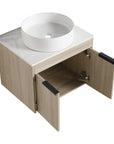 Open storage view of 24 inch bathroom vanity with vessel sink 24" white oak cabinet and soft-close doors | Ace Decor