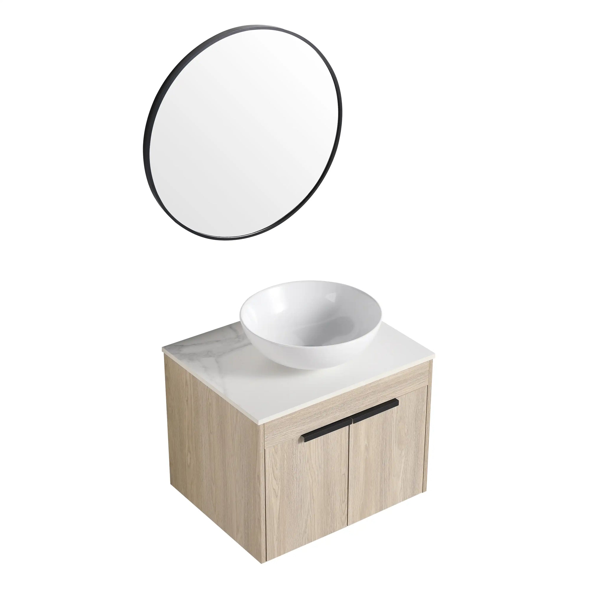 24" vessel sink vanity set with round mirror and countertop basin | Ace Decor