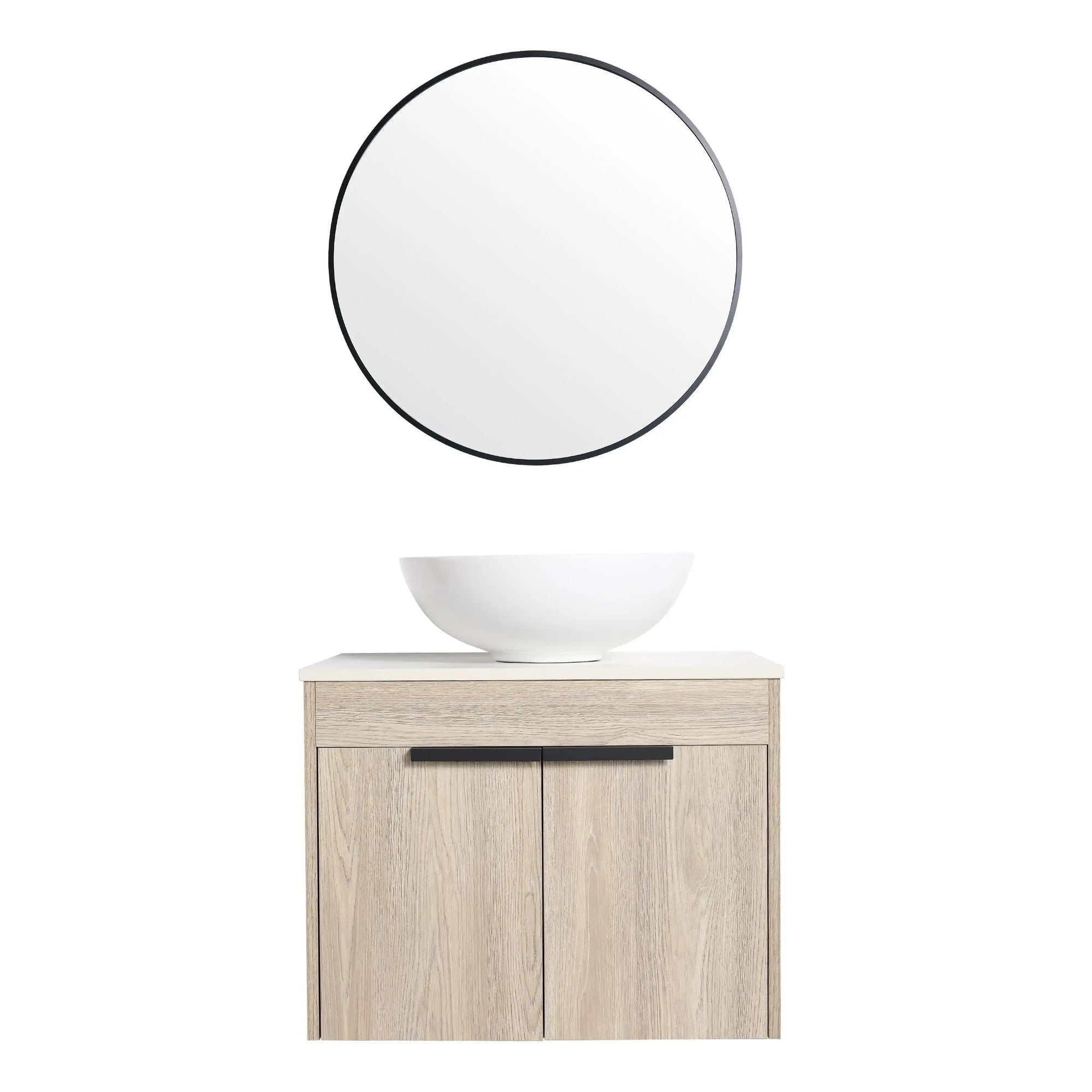 24" vessel sink vanity front view with round wall mirror | Ace Decor