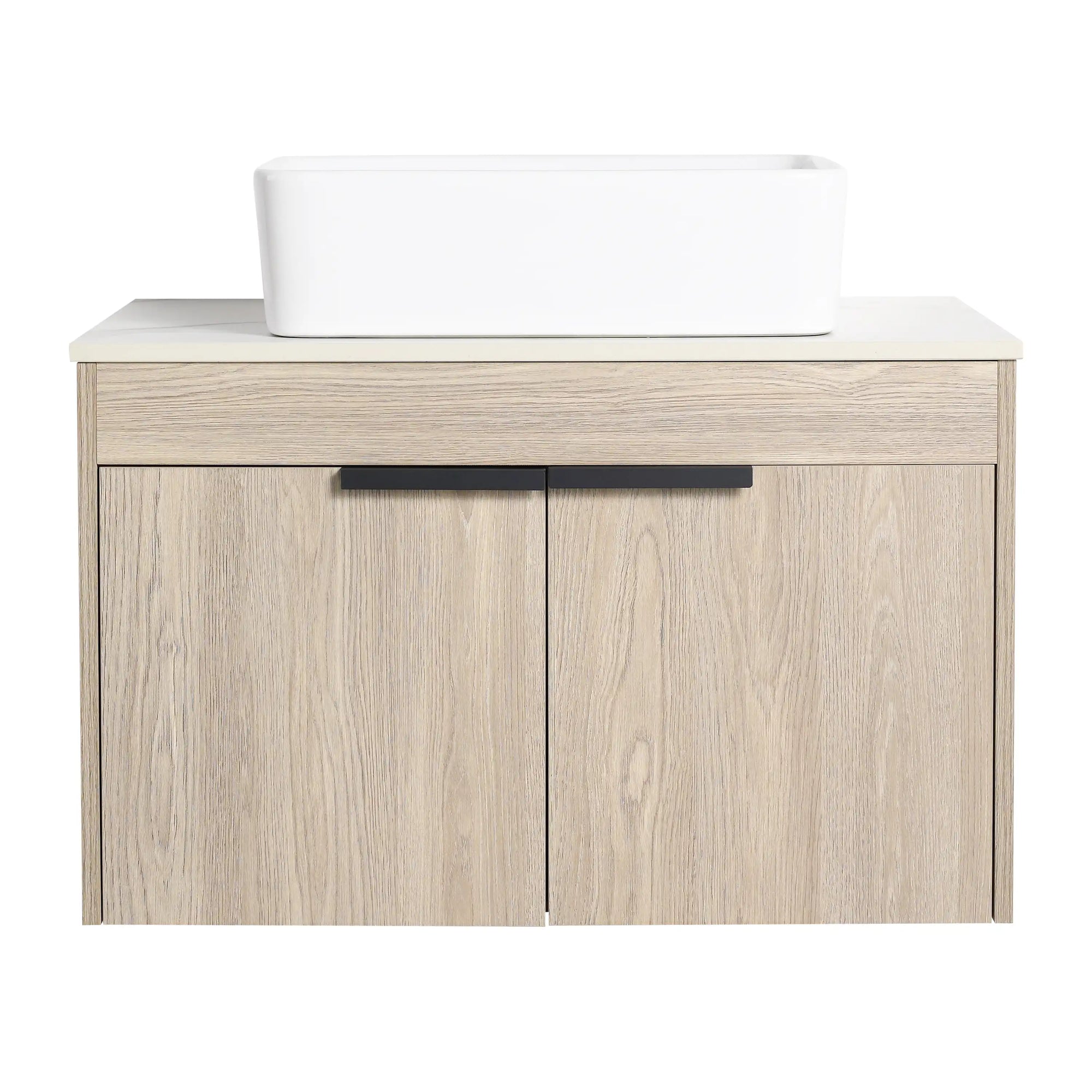 30" vessel sink vanity 30 inch front view with wall-mounted oak cabinet and square vessel sink | Ace Decor