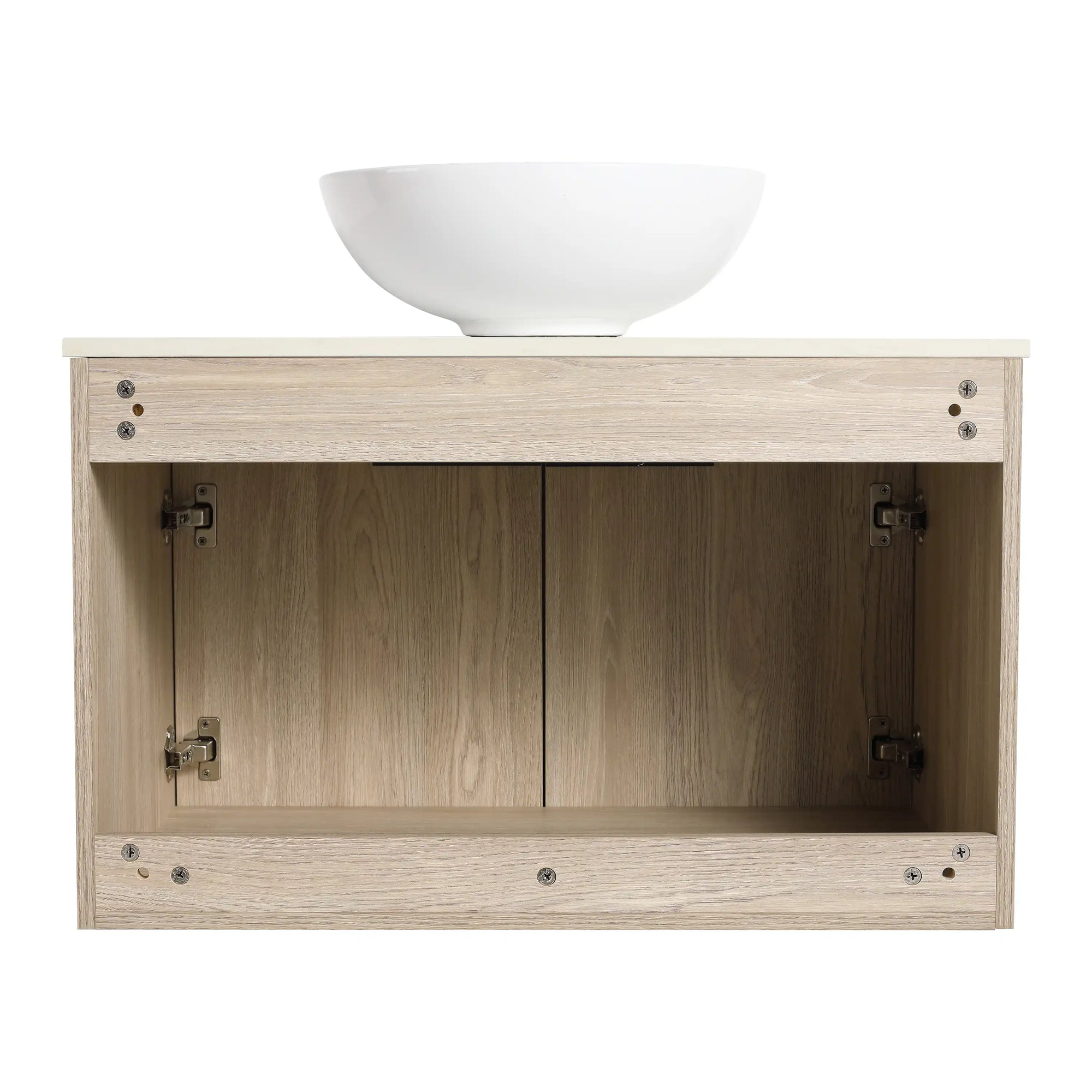 Interior storage view of 30" single vessel sink vanity with soft-close doors and open cabinet space | Ace Decor