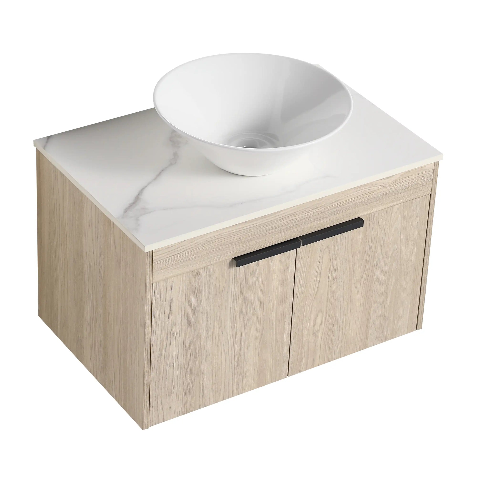 30 inch vessel sink vanity top view with round white vessel sink and marble-look countertop | Ace Decor