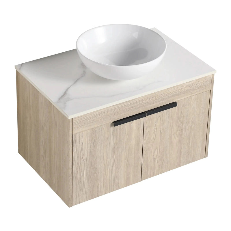 30" Modern Floating Bathroom Vanity with Ceramic Basin & Soft Close Door - White Oak Wall-Mounted Design