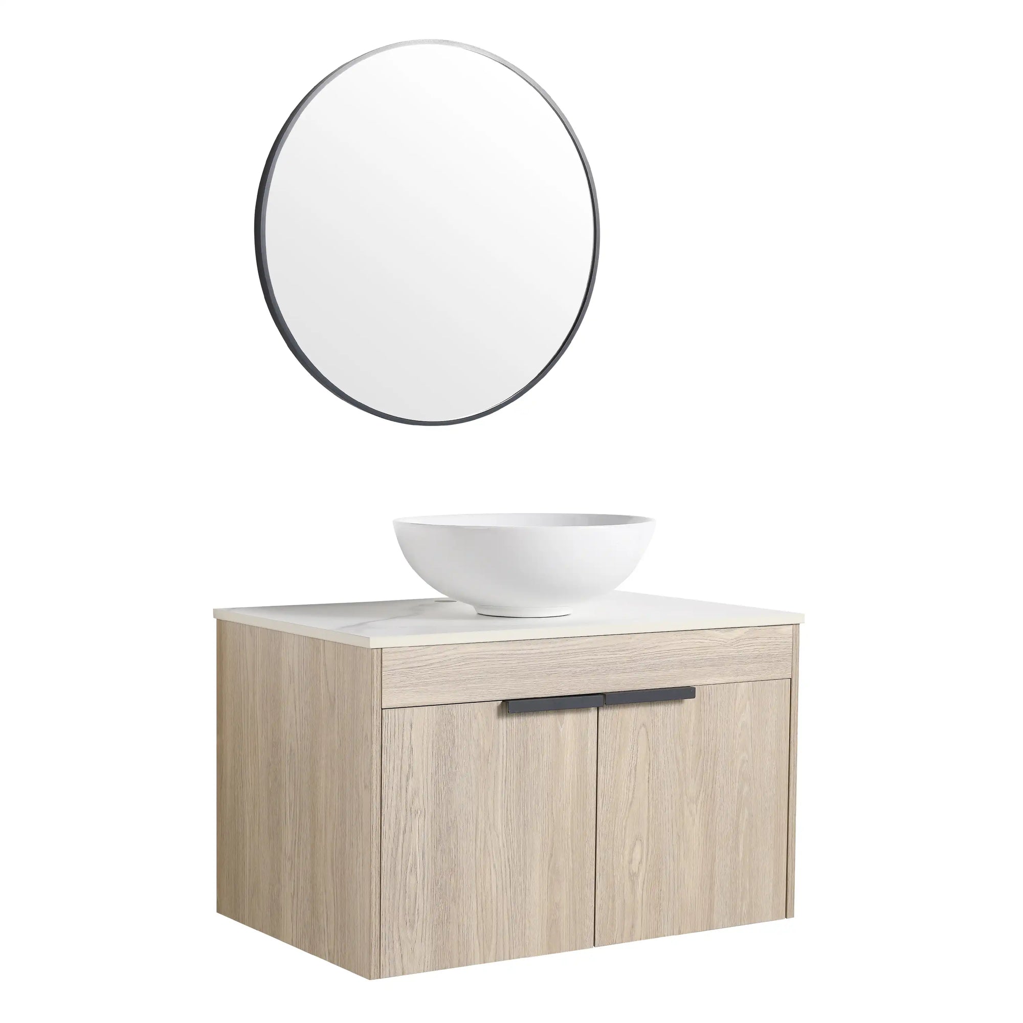 Angled view of 30" single vessel sink vanity with round ceramic basin and floating wood cabinet | Ace Decor