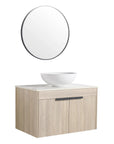Angled view of 30" single vessel sink vanity with round ceramic basin and floating wood cabinet | Ace Decor
