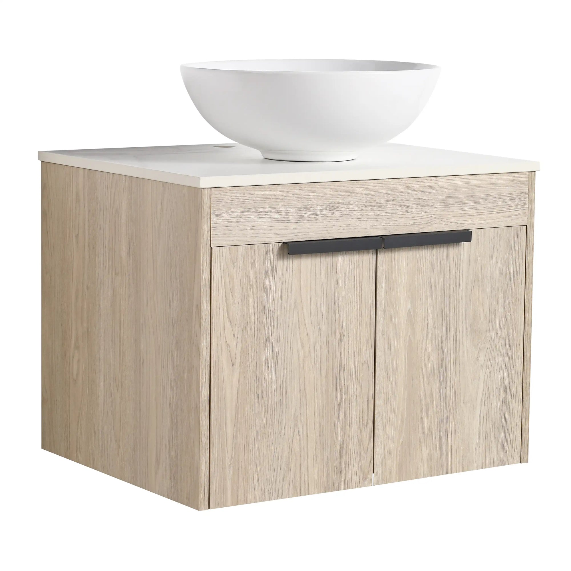 24" vessel sink vanity close-up with round ceramic basin and matte black handle | Ace Decor