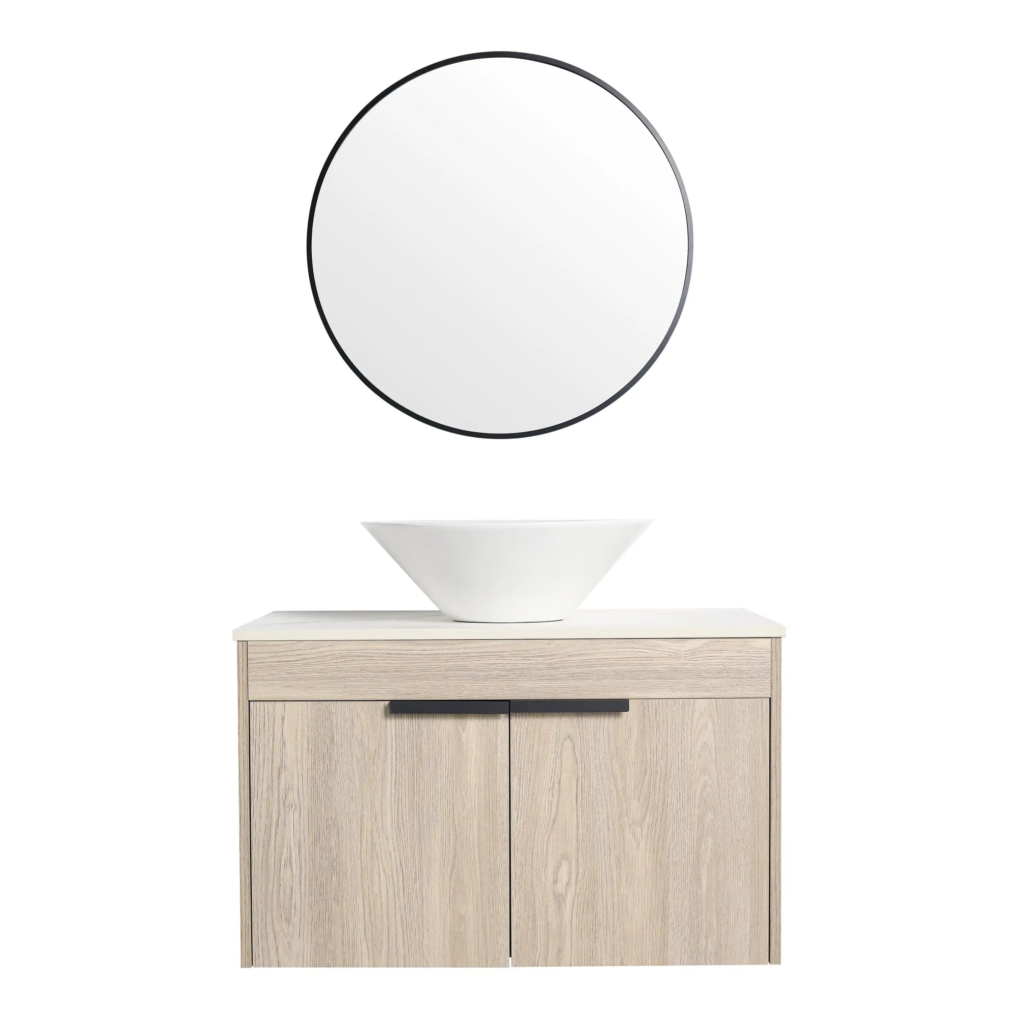 30 inch vessel sink vanity front view with floating oak cabinet and black handles | Ace Decor