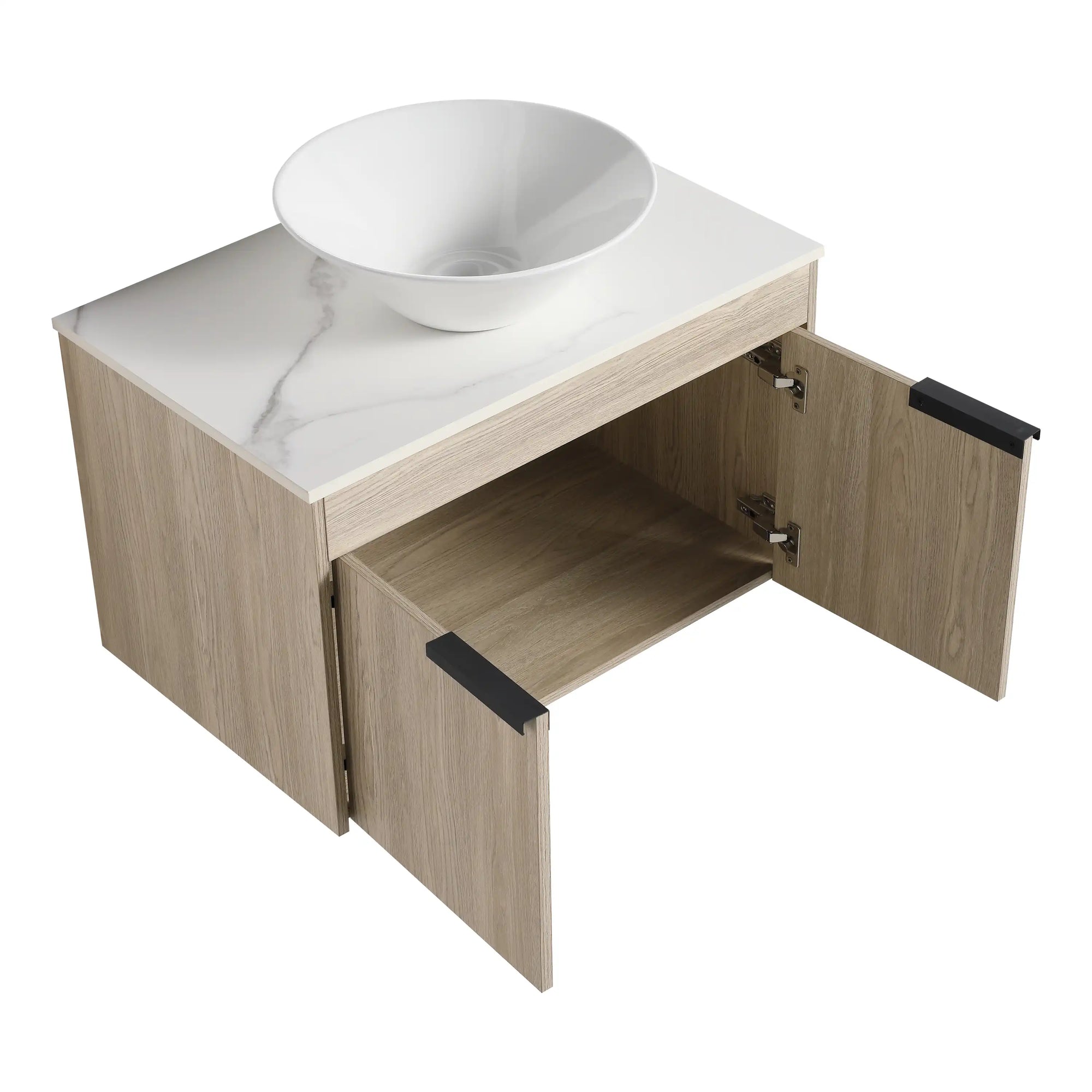 30 inch vessel sink vanity angled view showing open storage and tapered ceramic basin | Ace Decor