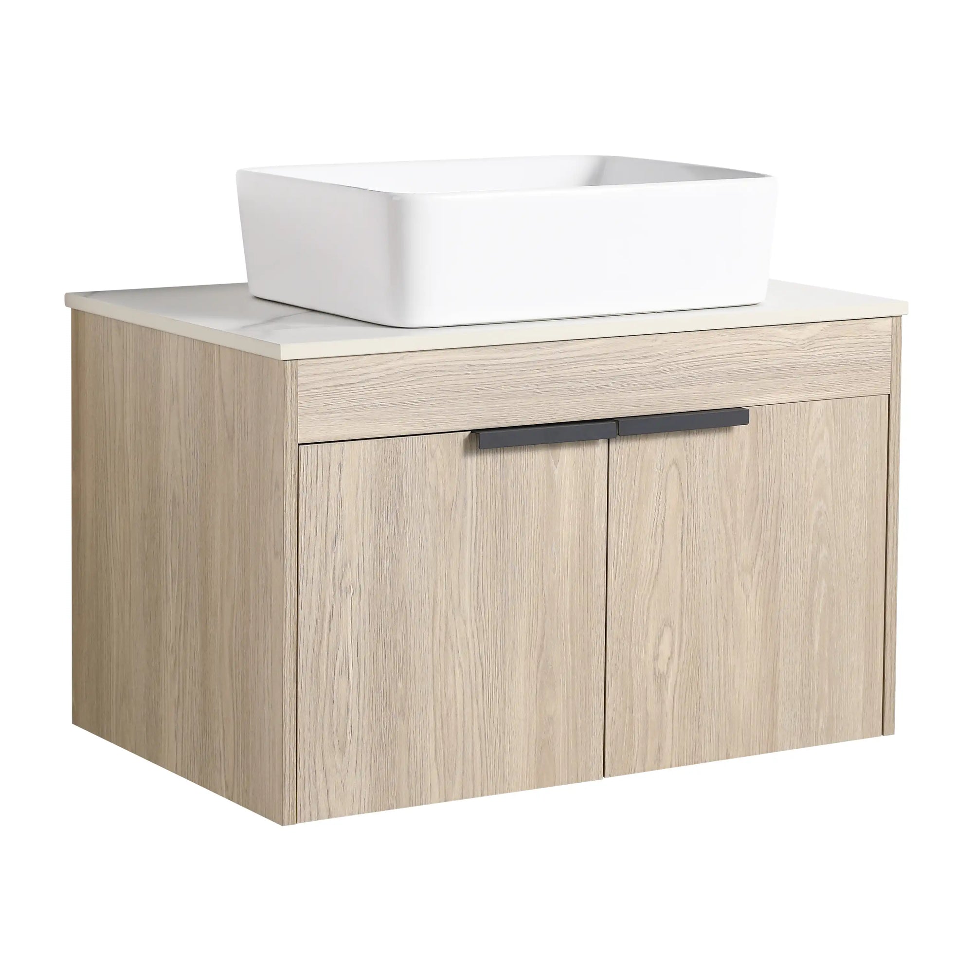 30" vessel sink vanity 30 inch angled side view with floating oak cabinet and square basin | Ace Decor