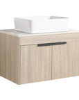 30" vessel sink vanity 30 inch angled side view with floating oak cabinet and square basin | Ace Decor