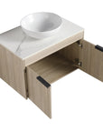 30" single vessel sink vanity with open double doors showing interior storage space | Ace Decor