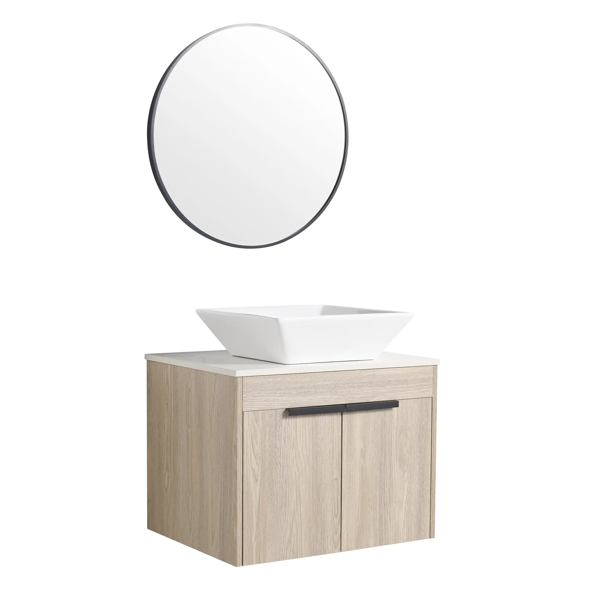 Side angle of 24" small vessel sink vanity with round mirror above | Ace Decor